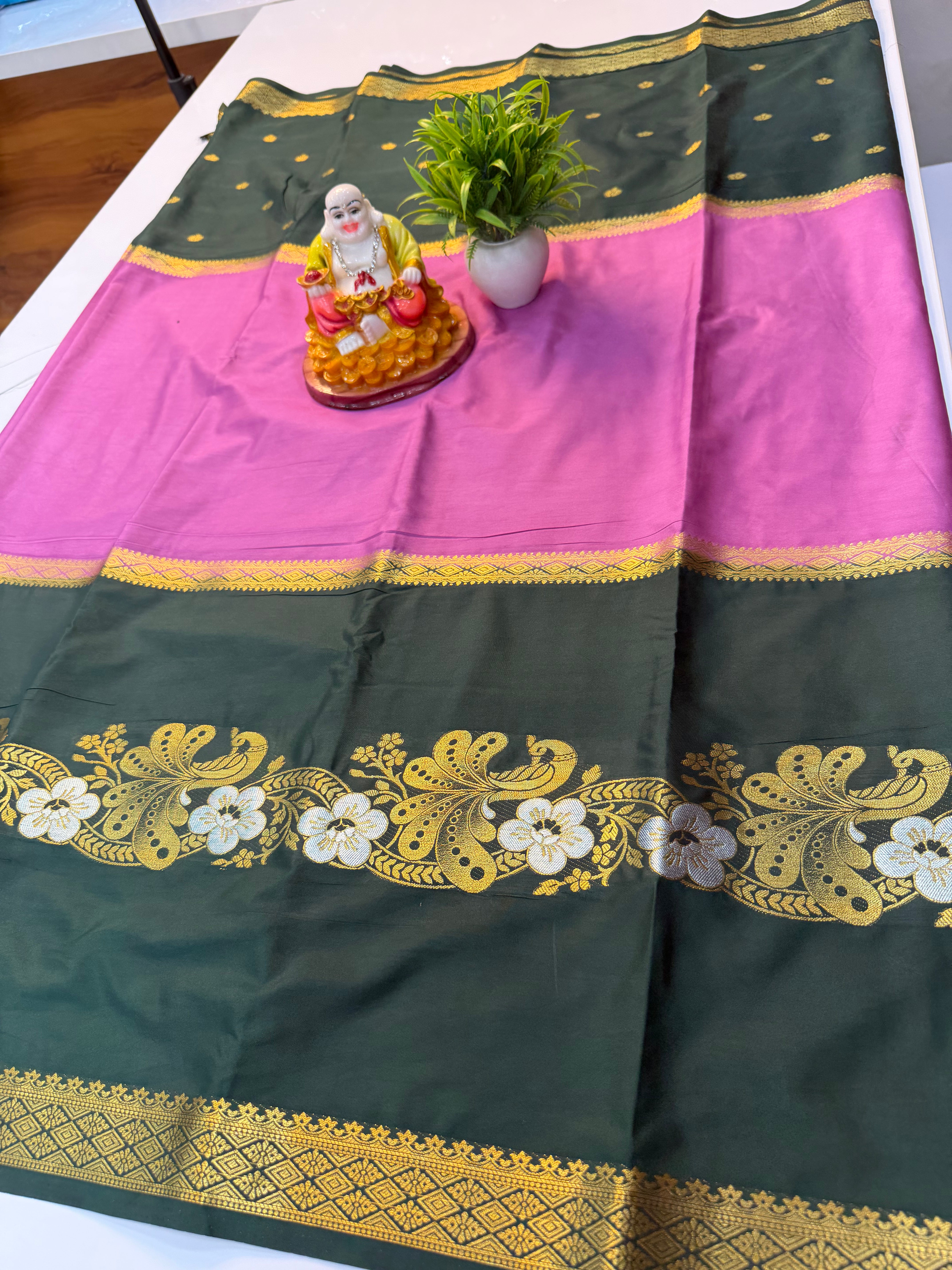 Mysore Crepe Silk Saree with Butta & Peacock Design…..