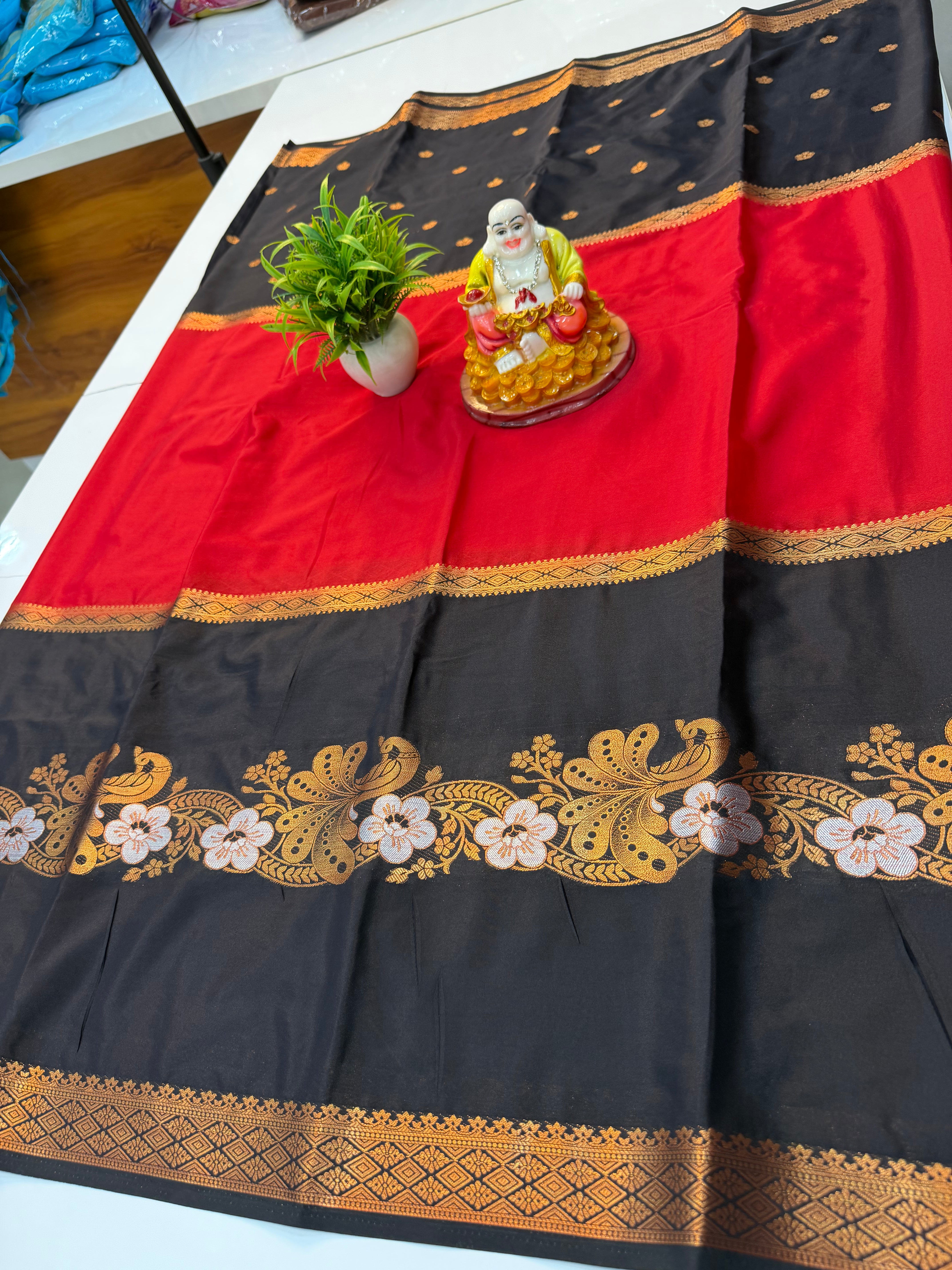 Mysore Crepe Silk Saree with Butta & Peacock Design…..
