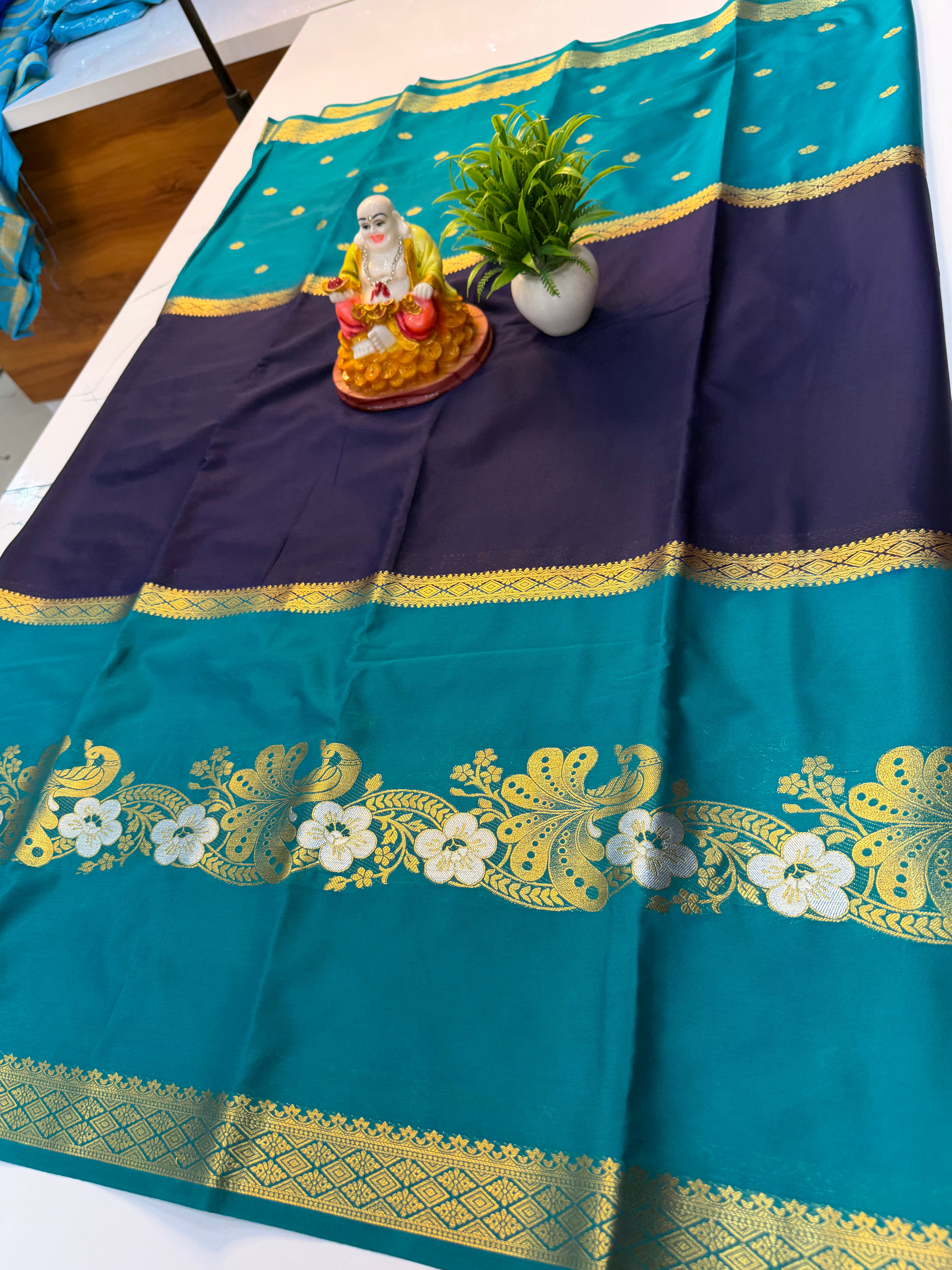 Mysore Crepe Silk Saree with Butta & Peacock Design…..