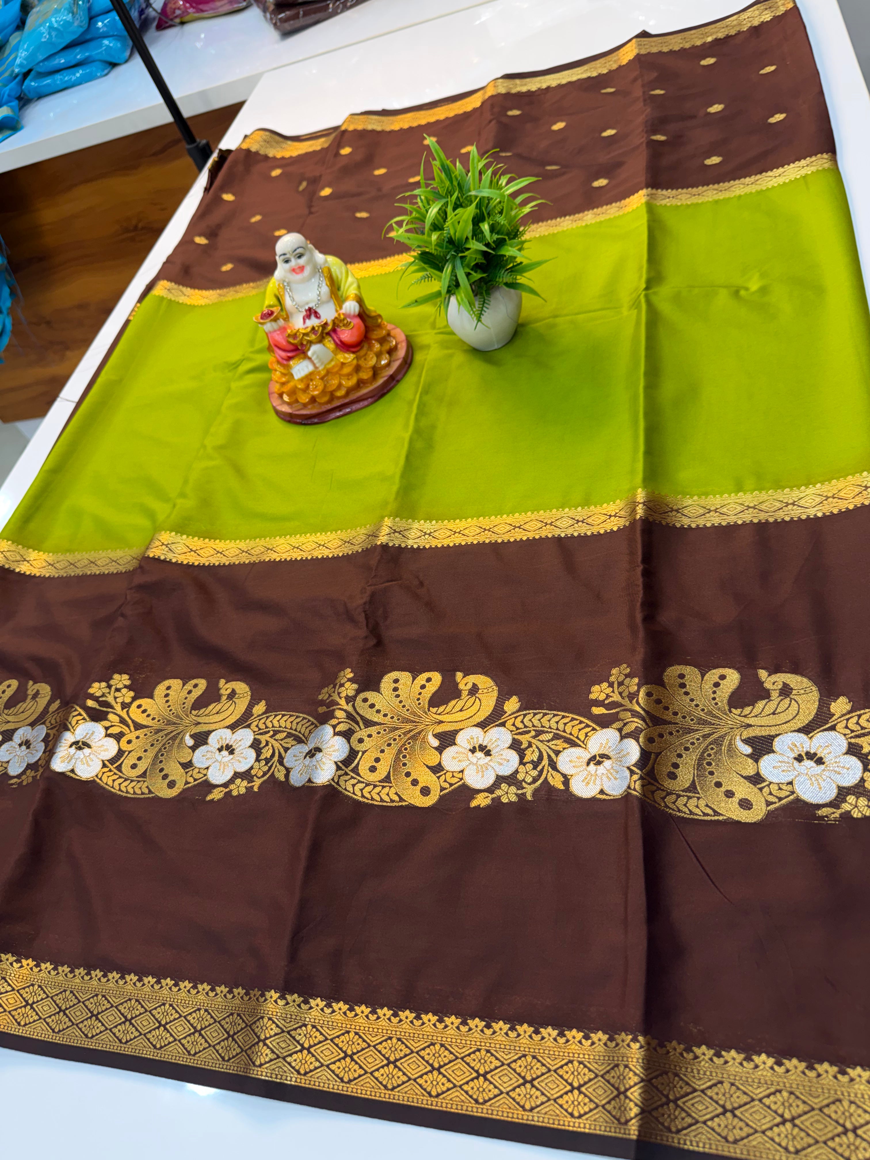 Mysore Crepe Silk Saree with Butta & Peacock Design…..