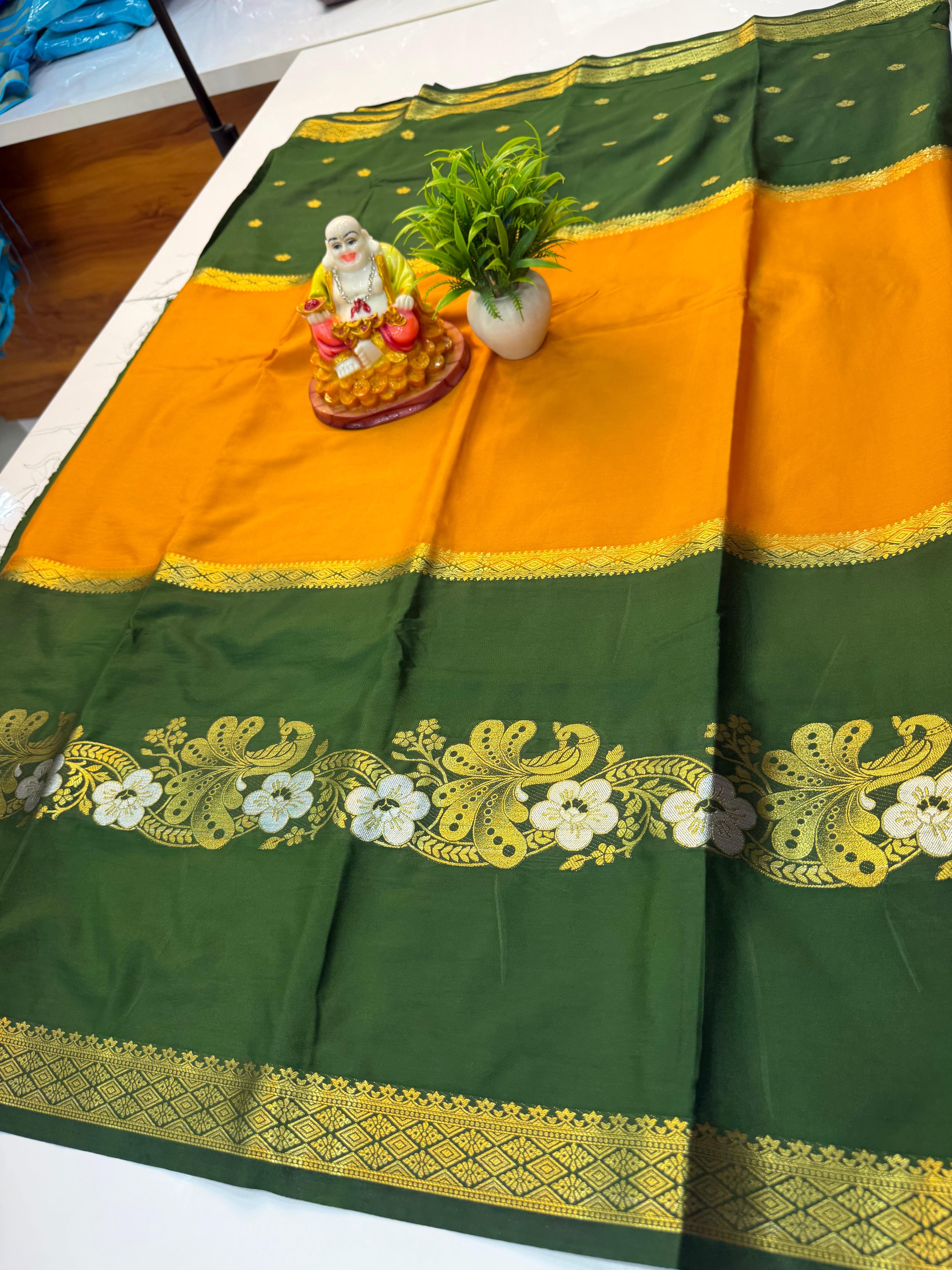 Mysore Crepe Silk Saree with Butta & Peacock Design…..