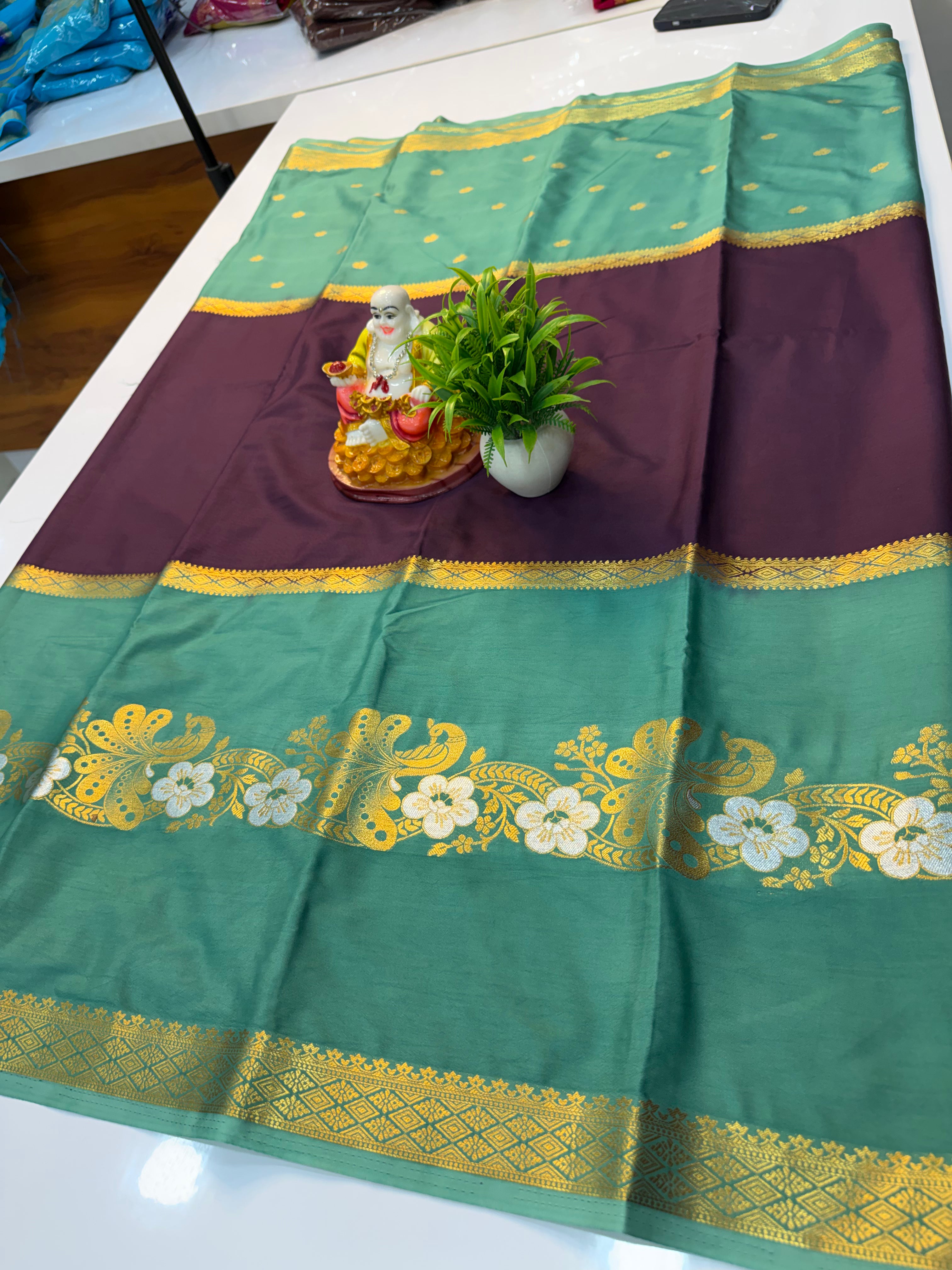 Mysore Crepe Silk Saree with Butta & Peacock Design…..