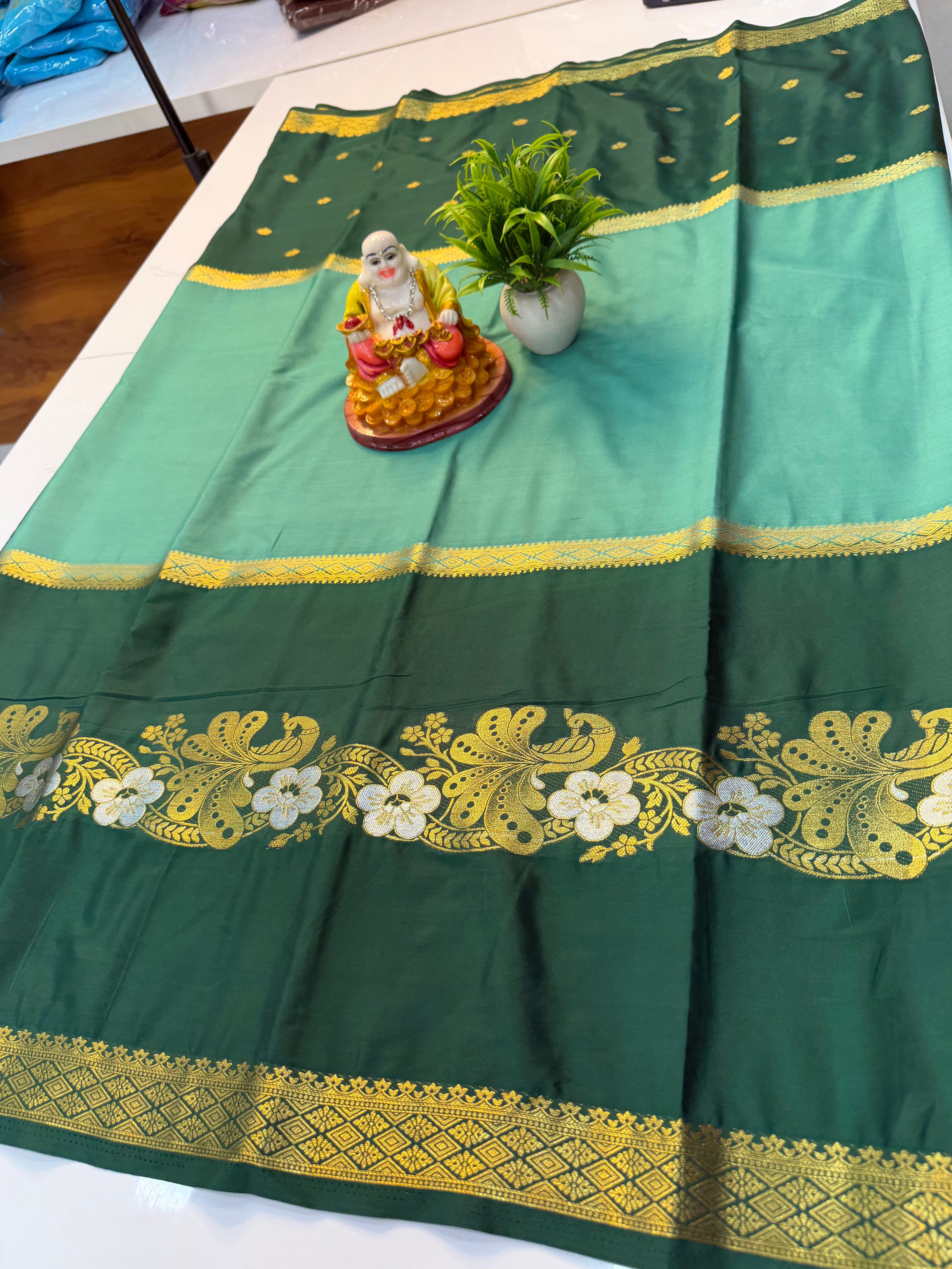 Mysore Crepe Silk Saree with Butta & Peacock Design…..