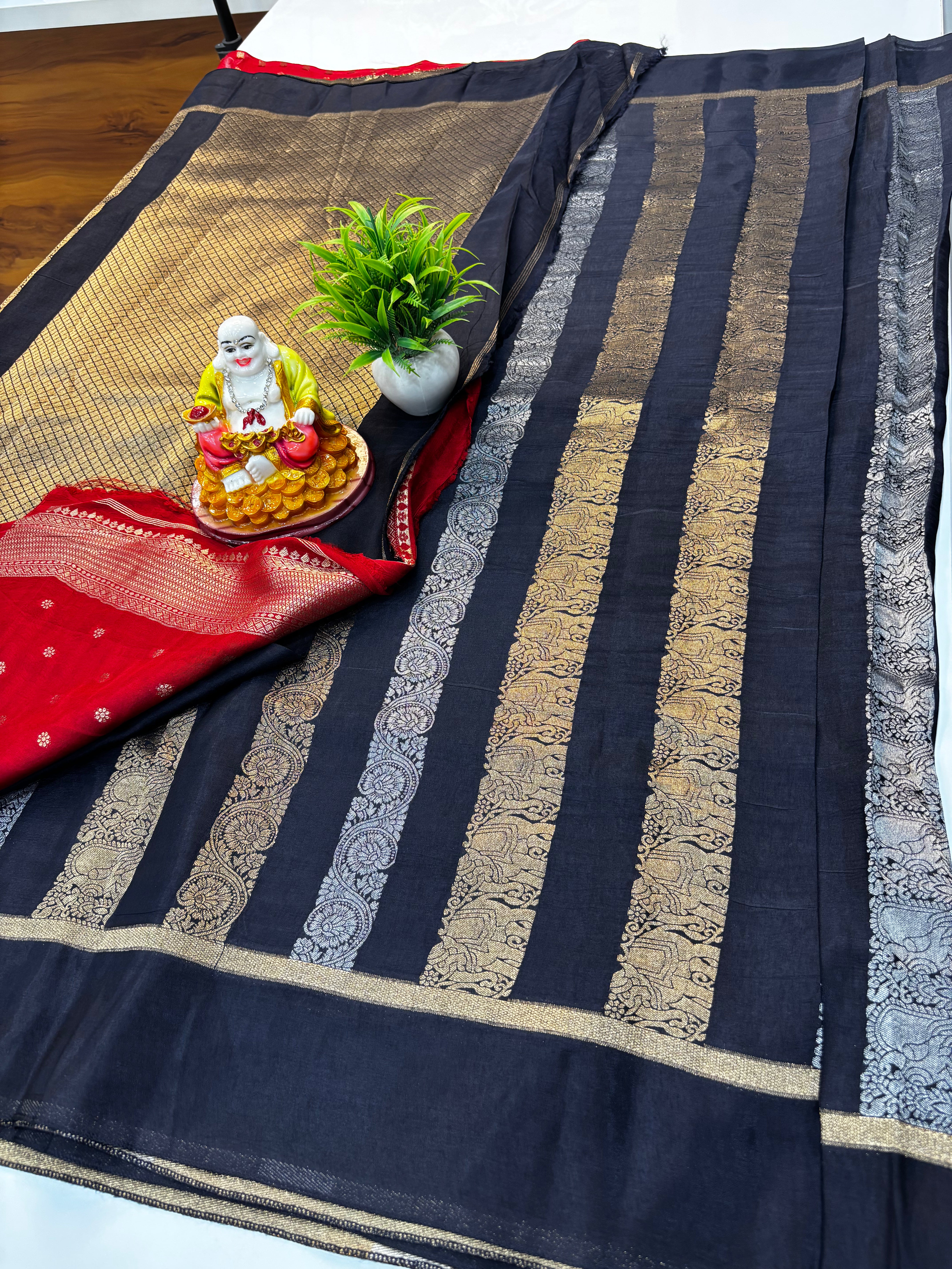 Premium Viscose Saree with Stripes, Elephant & Parrot Design