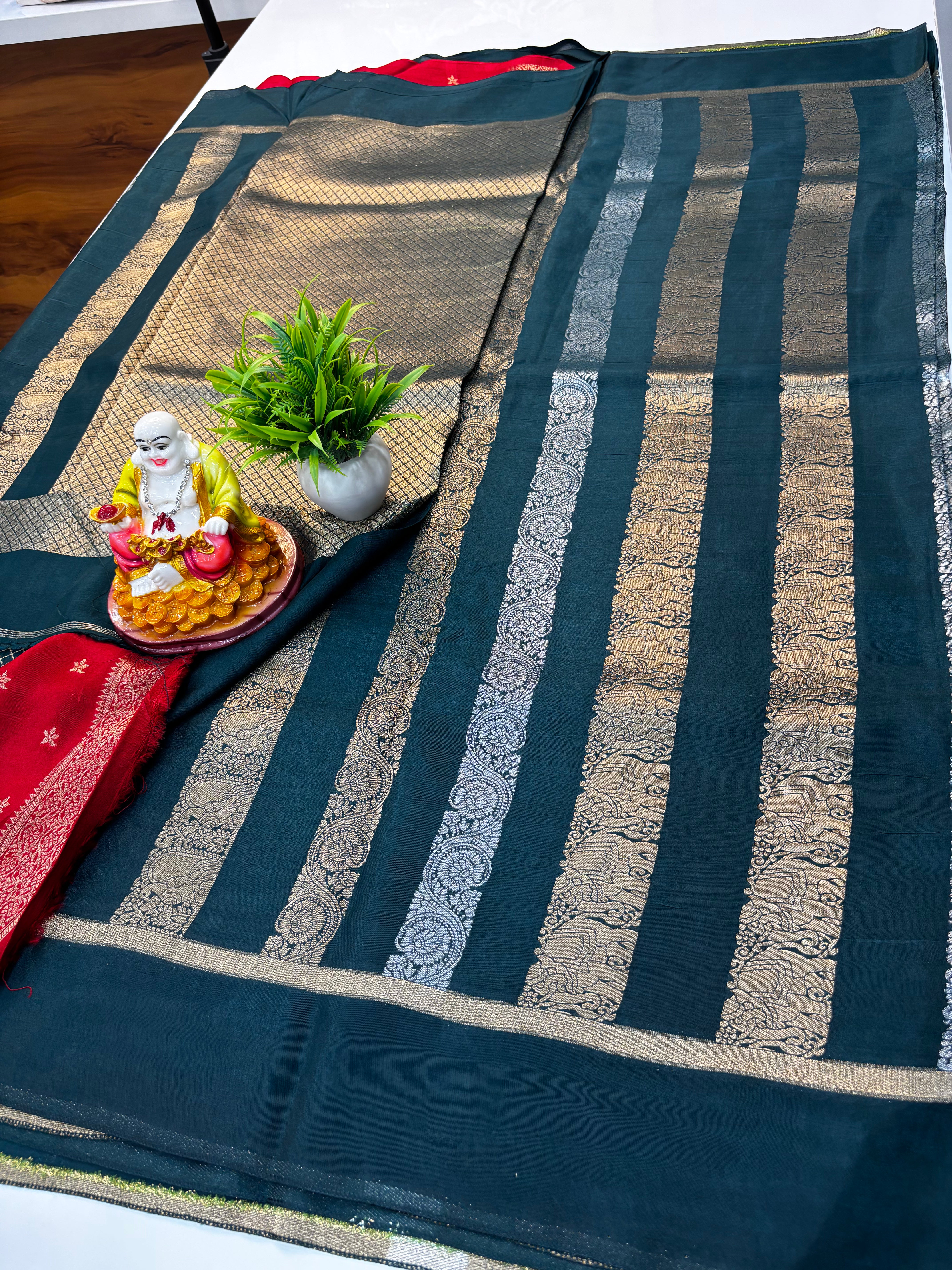 Premium Viscose Saree with Stripes, Elephant & Parrot Design
