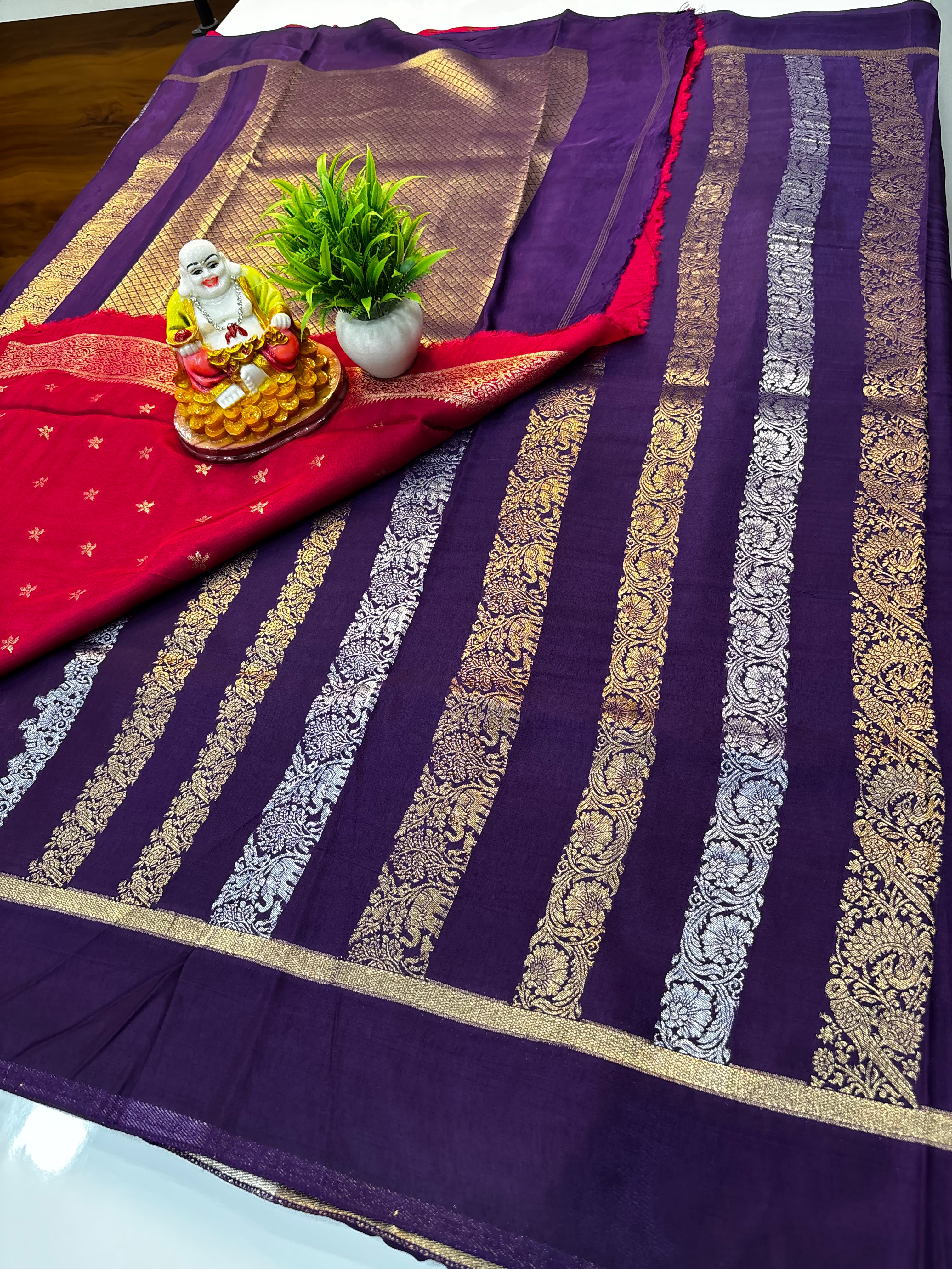 Premium Viscose Saree with Stripes, Elephant & Parrot Design