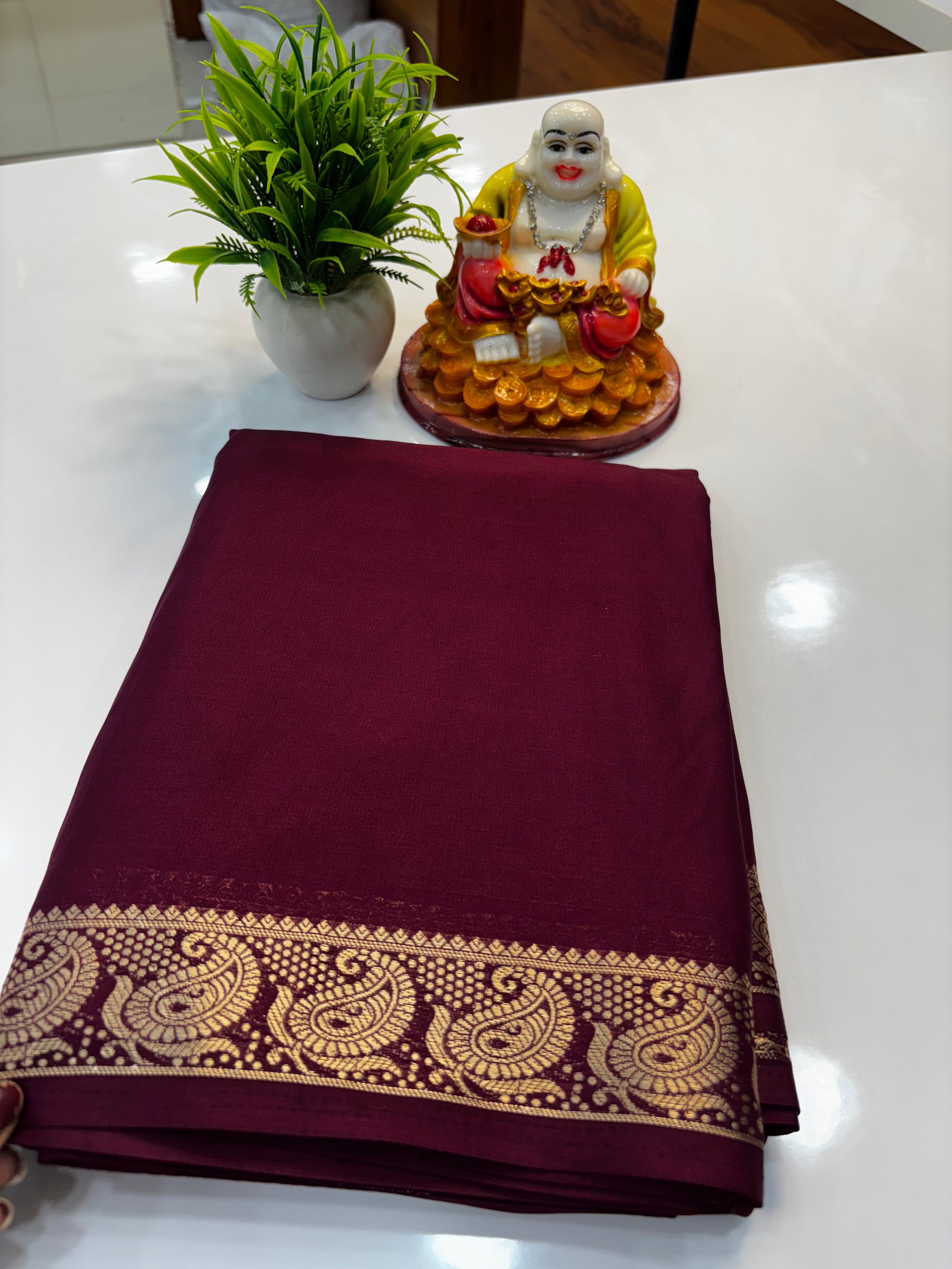 Mysore Crepe Silk Saree with Mango Border & Chit Pallu