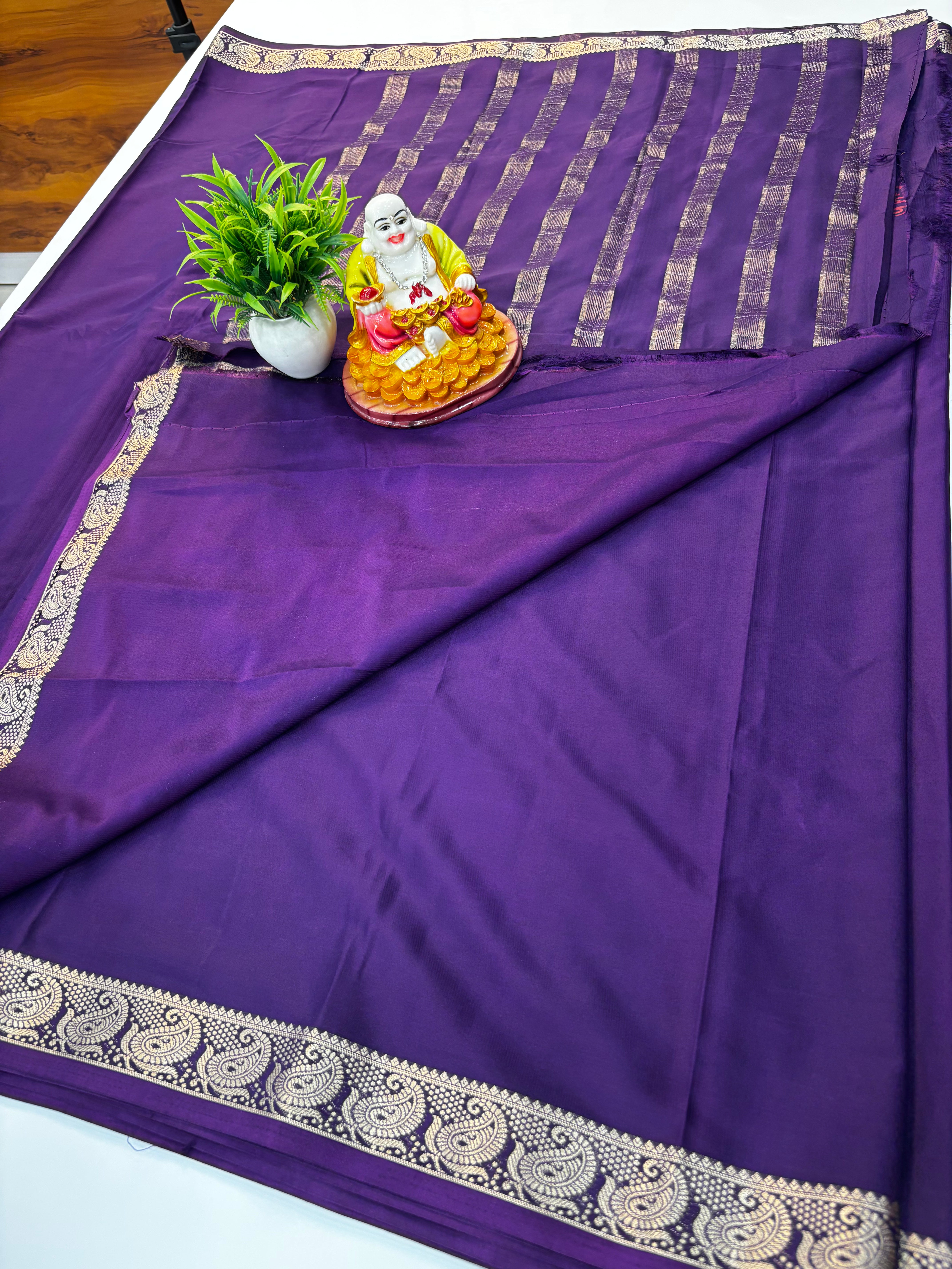 Mysore Crepe Silk Saree with Mango Border & Chit Pallu