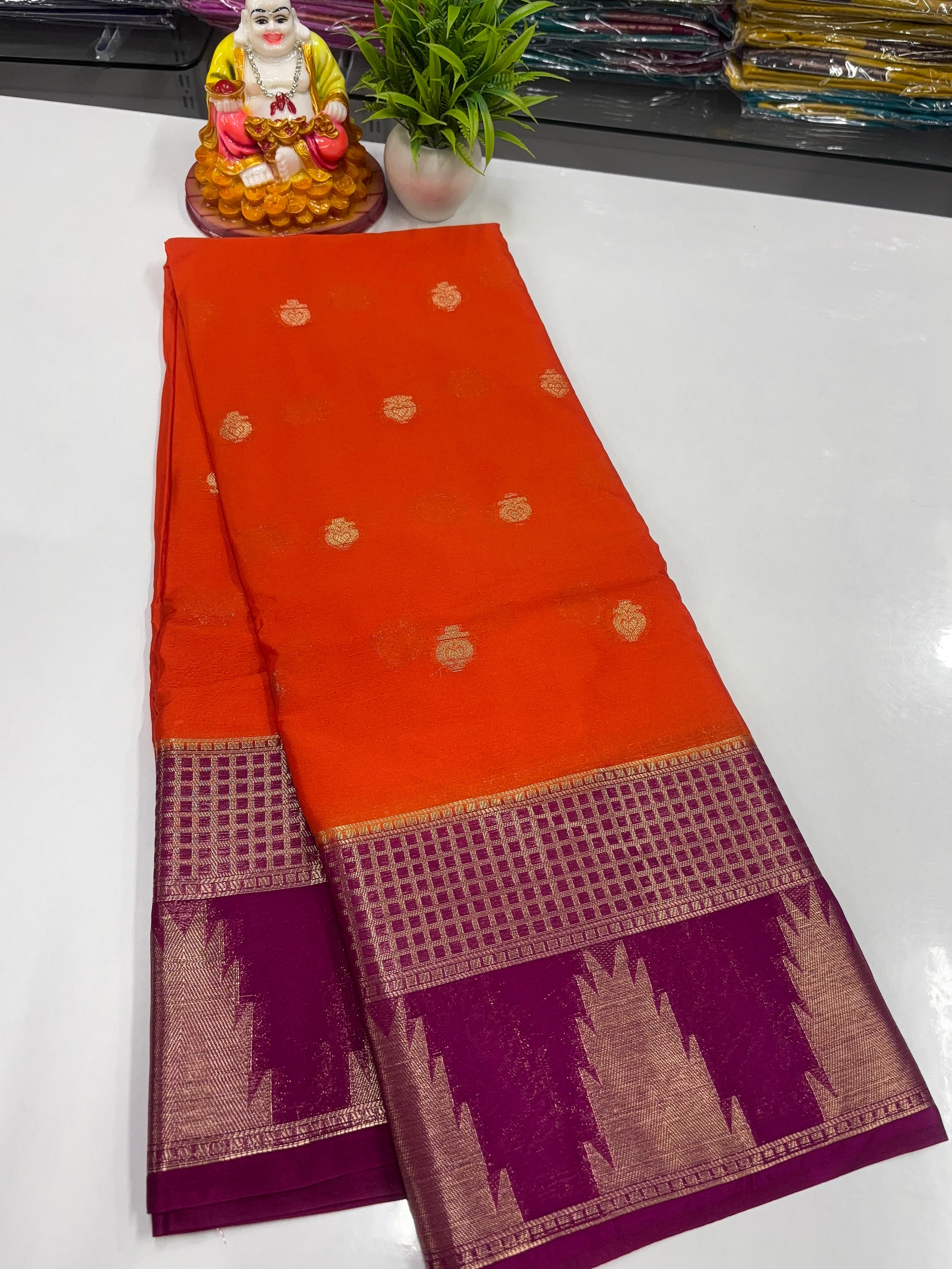 Chiffon Saree with Elegant Temple Design & Buttas | Padmavathi Silks and Sarees