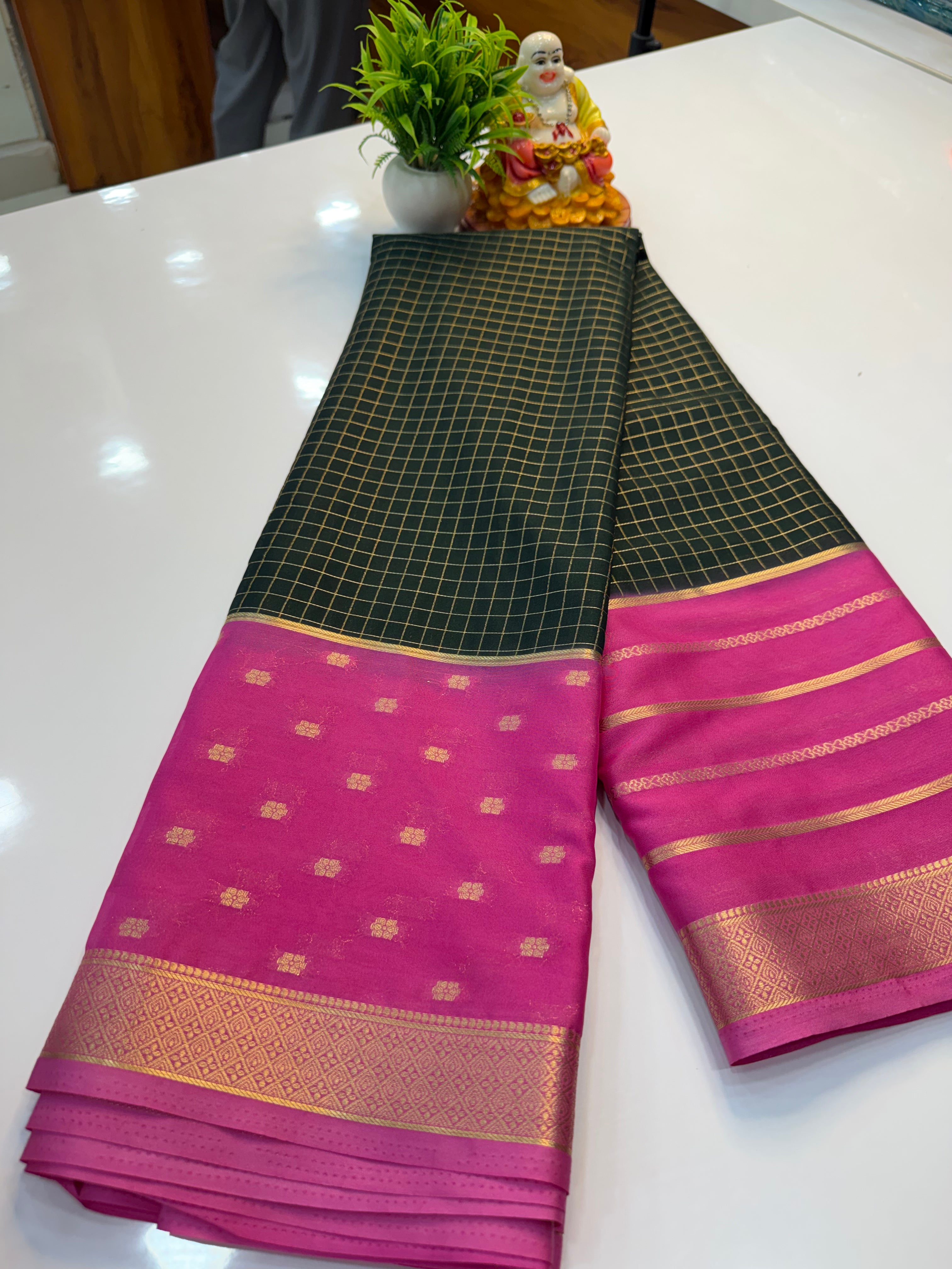 Premium Mysore Crepe Silk Saree with Checks & Butta Border | Padmavathi Silks and Sarees…