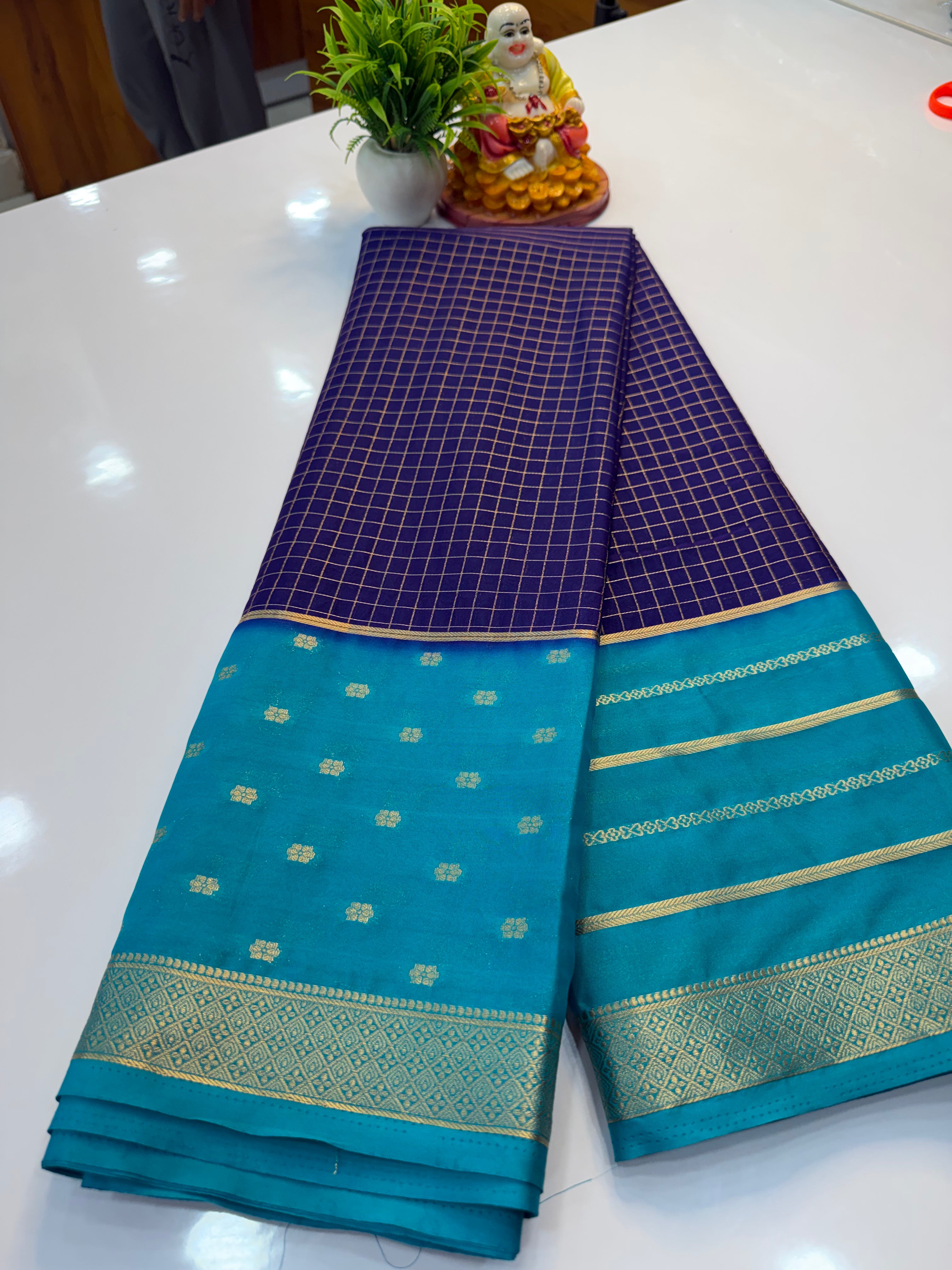 Premium Mysore Crepe Silk Saree with Checks & Butta Border | Padmavathi Silks and Sarees…