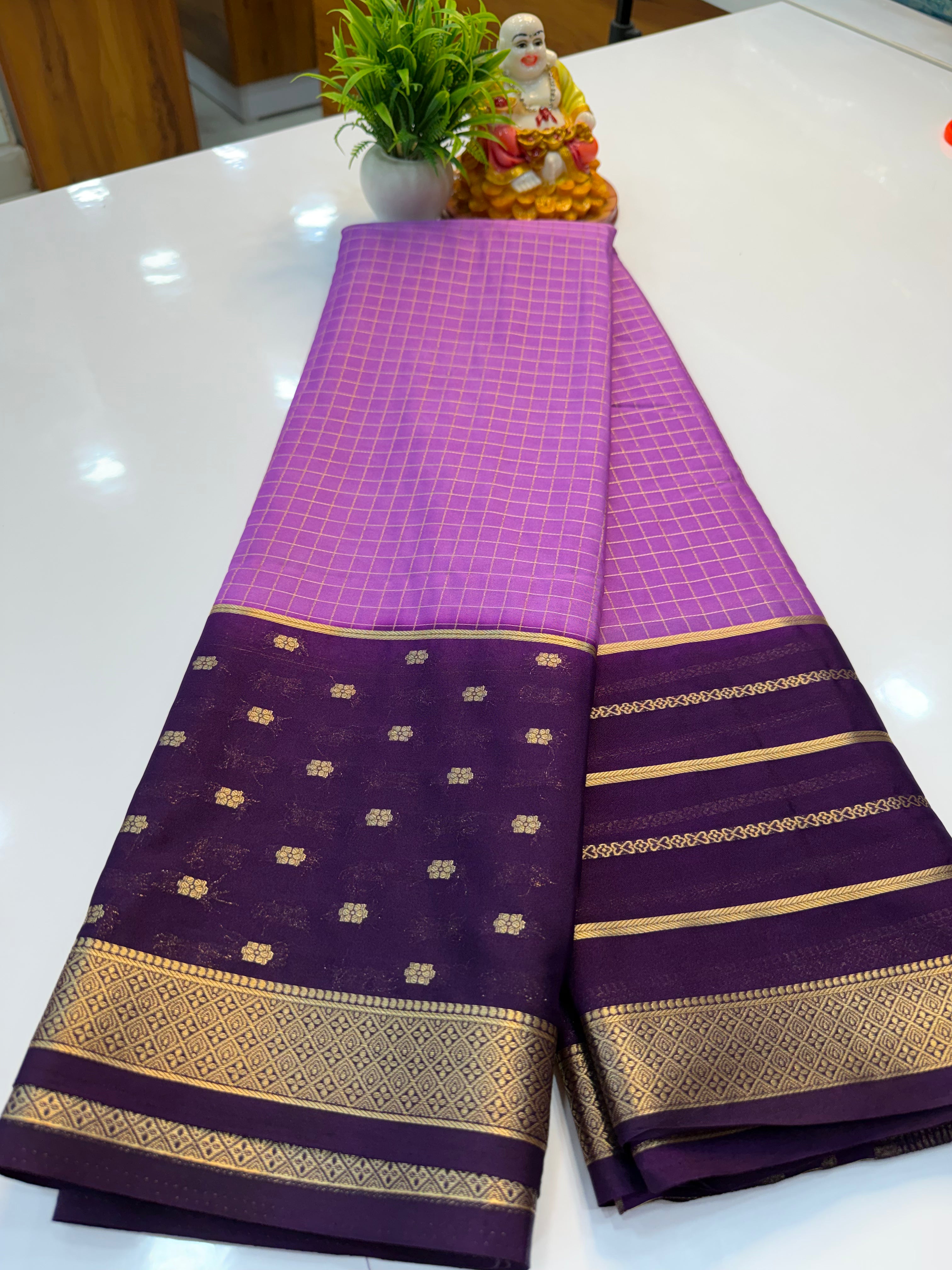 Premium Mysore Crepe Silk Saree with Checks & Butta Border | Padmavathi Silks and Sarees…