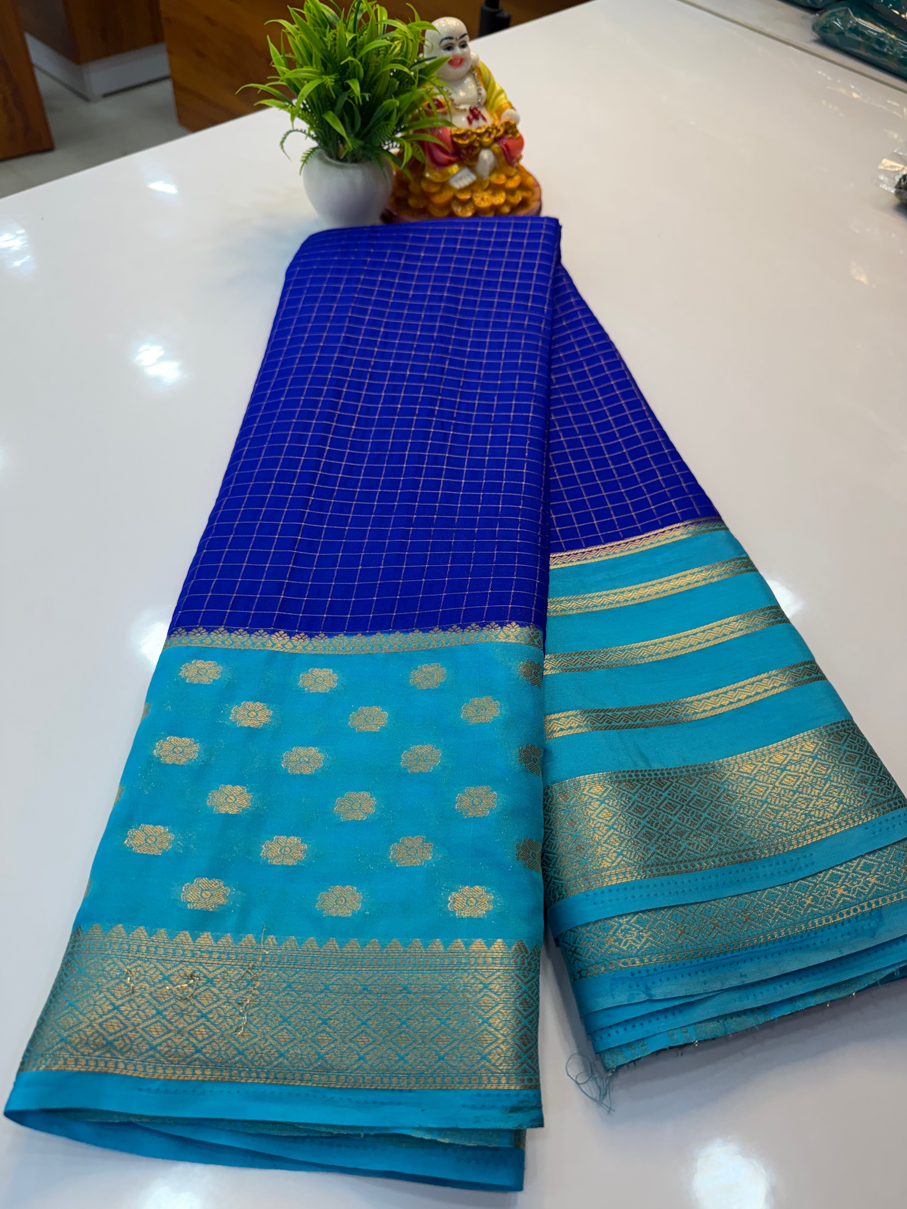 Premium Mysore Crepe Silk Saree with Checks & Butta Border | Padmavathi Silks and Sarees…