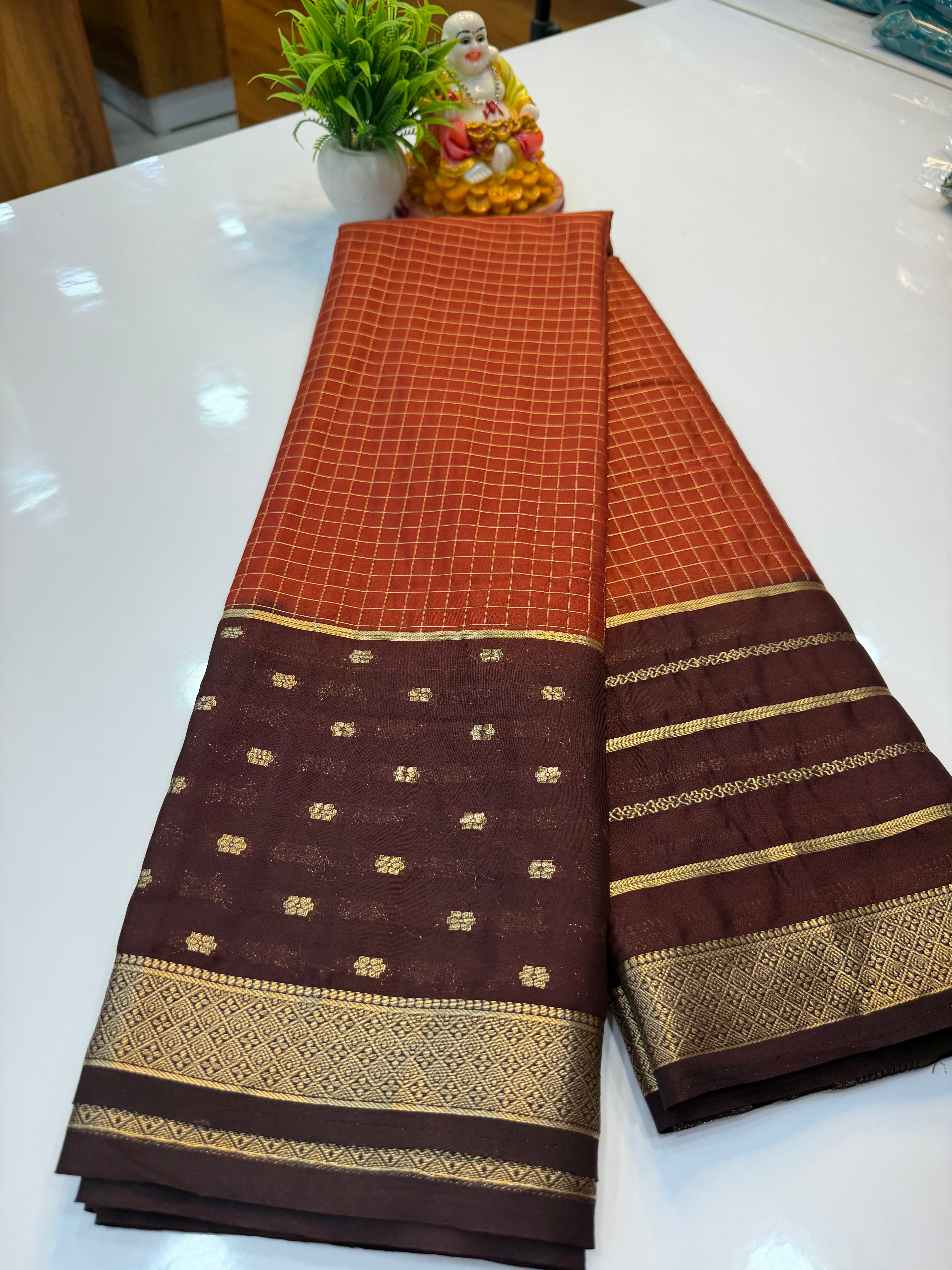 Premium Mysore Crepe Silk Saree with Checks & Butta Border | Padmavathi Silks and Sarees…