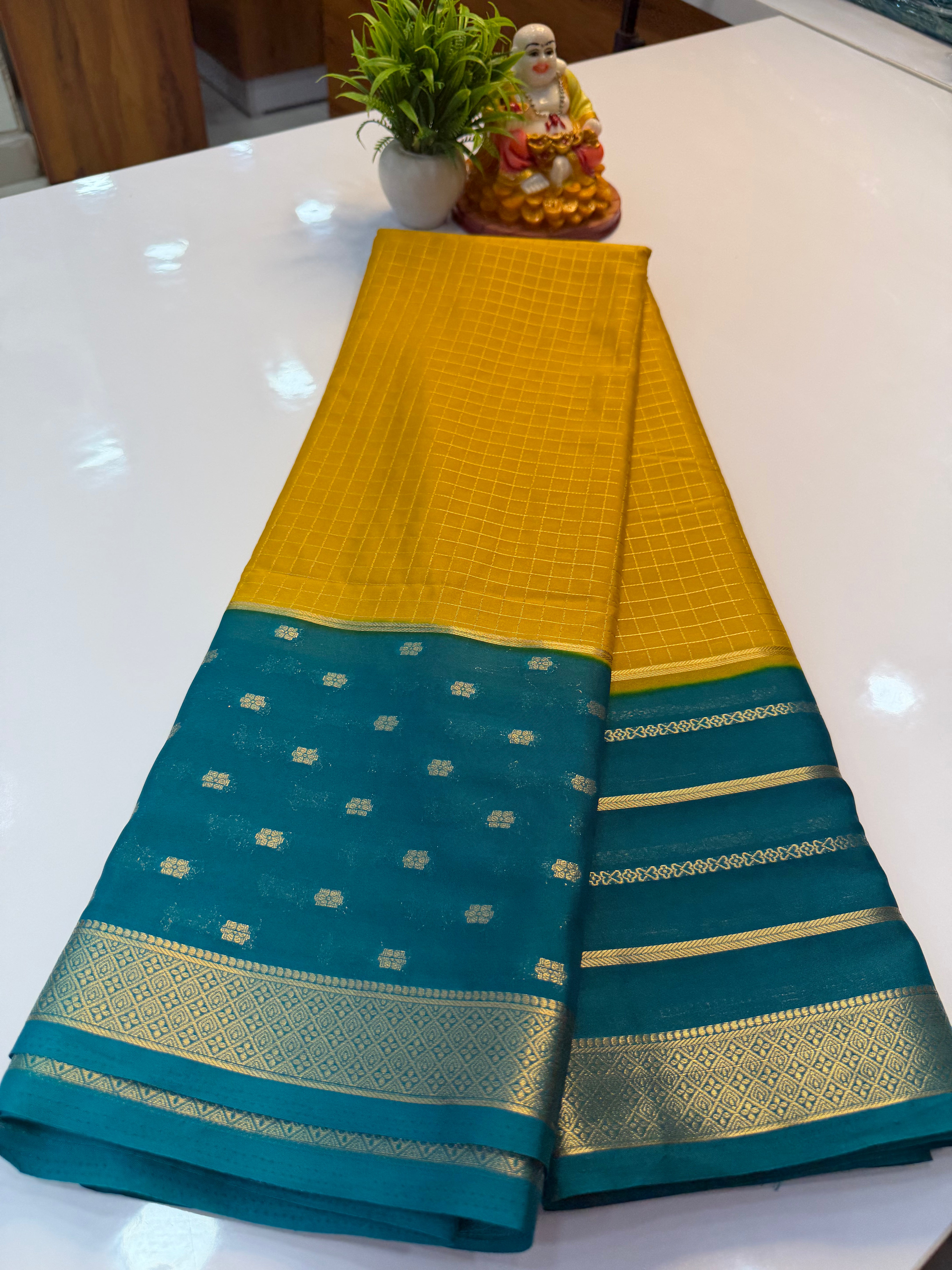 Premium Mysore Crepe Silk Saree with Checks & Butta Border | Padmavathi Silks and Sarees…