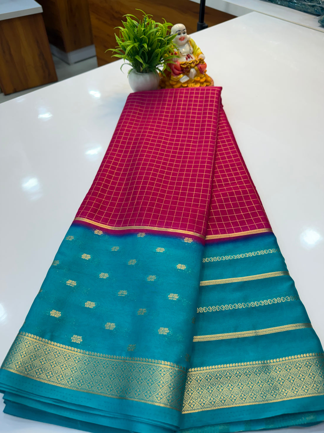 Premium Mysore Crepe Silk Saree with Checks & Butta Border | Padmavathi Silks and Sarees…