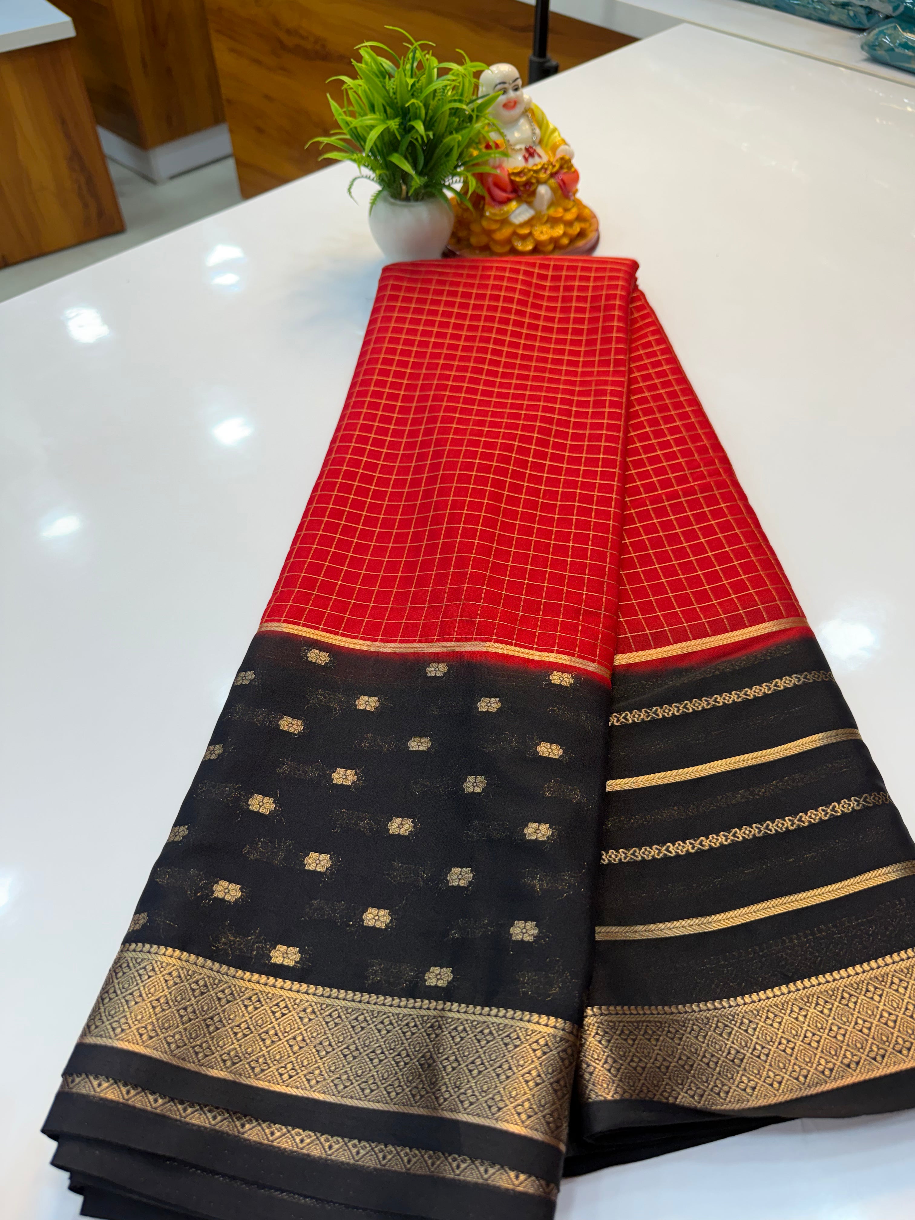Premium Mysore Crepe Silk Saree with Checks & Butta Border | Padmavathi Silks and Sarees…