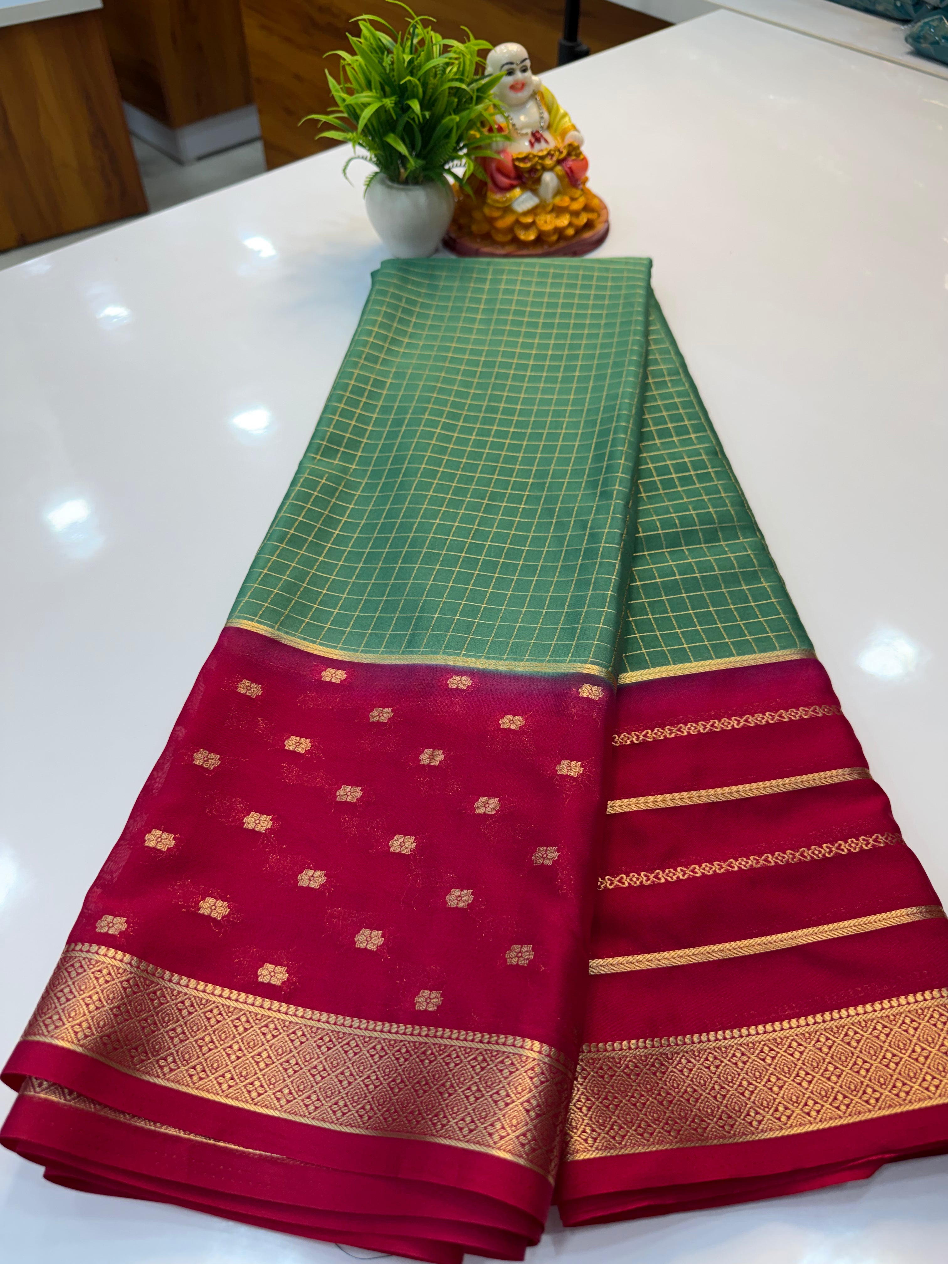 Premium Mysore Crepe Silk Saree with Checks & Butta Border | Padmavathi Silks and Sarees…