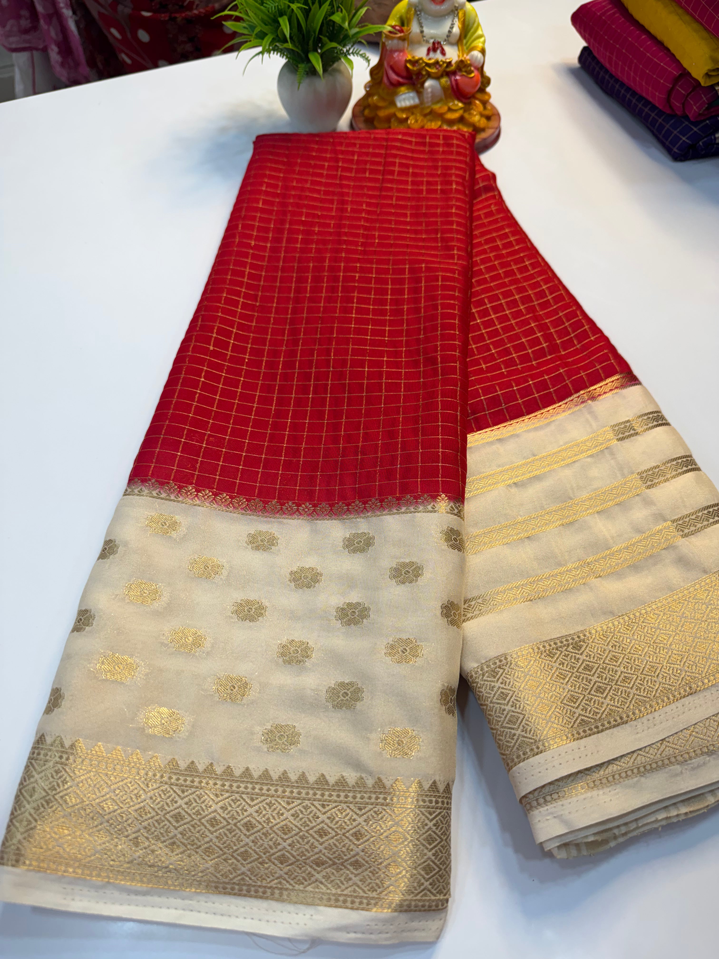 Premium Mysore Crepe Silk Saree with Checks & Butta Border | Padmavathi Silks and Sarees…