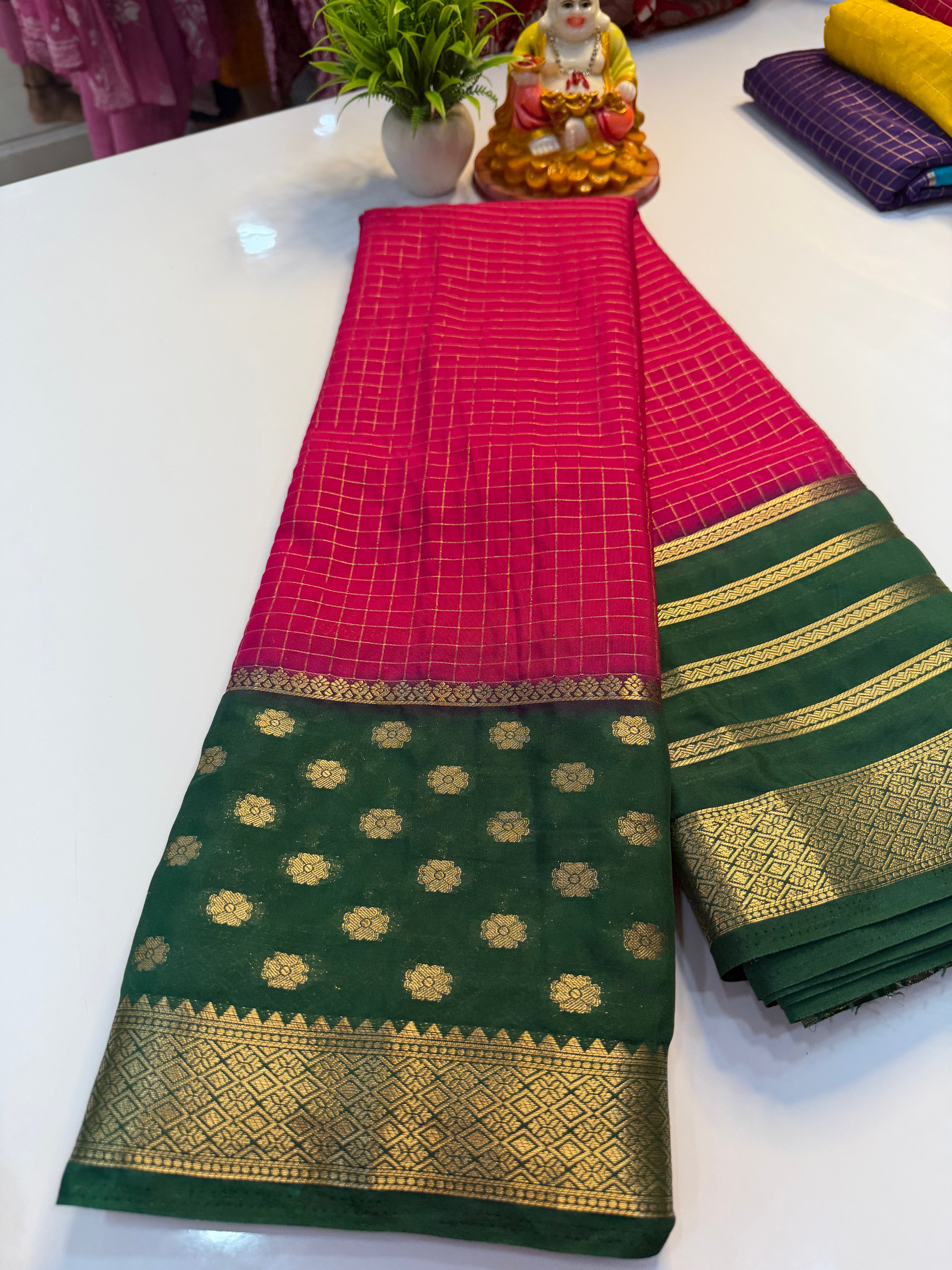 Premium Mysore Crepe Silk Saree with Checks & Butta Border | Padmavathi Silks and Sarees…