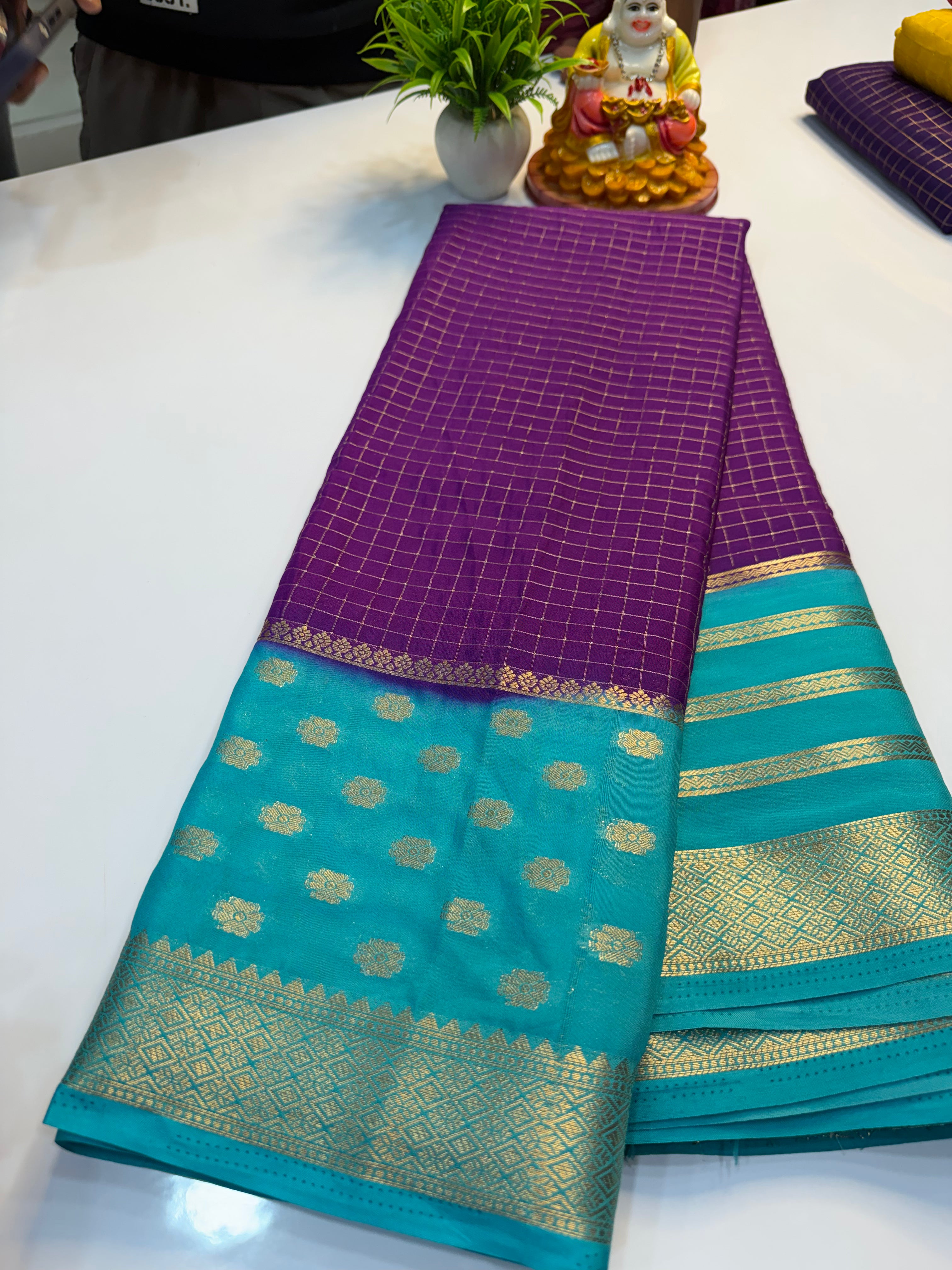 Premium Mysore Crepe Silk Saree with Checks & Butta Border | Padmavathi Silks and Sarees…