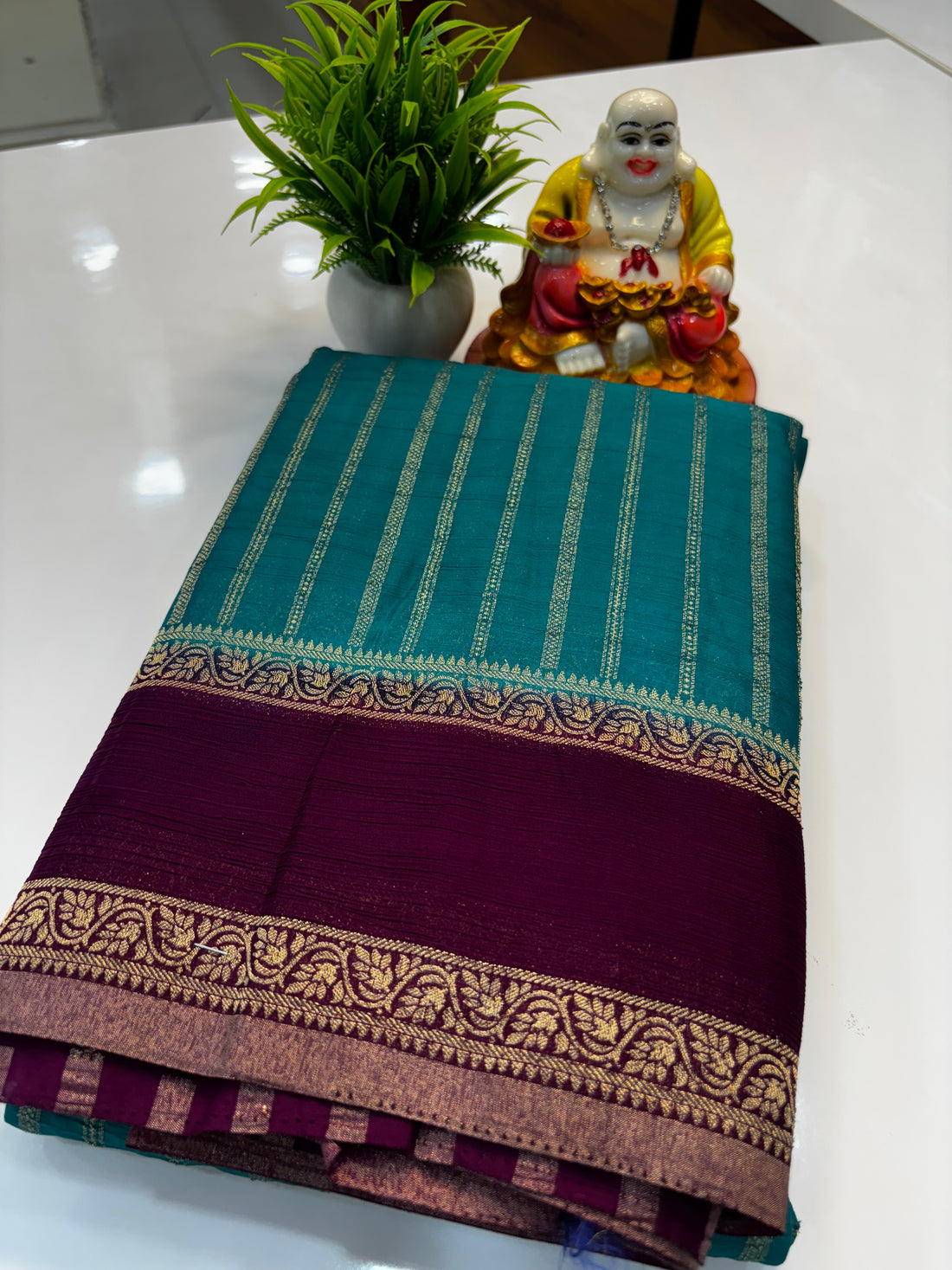 Premium Wrinkle Crepe Silk Saree with Stripes &amp; Butta Blouse | Padmavathi Silks and Sarees