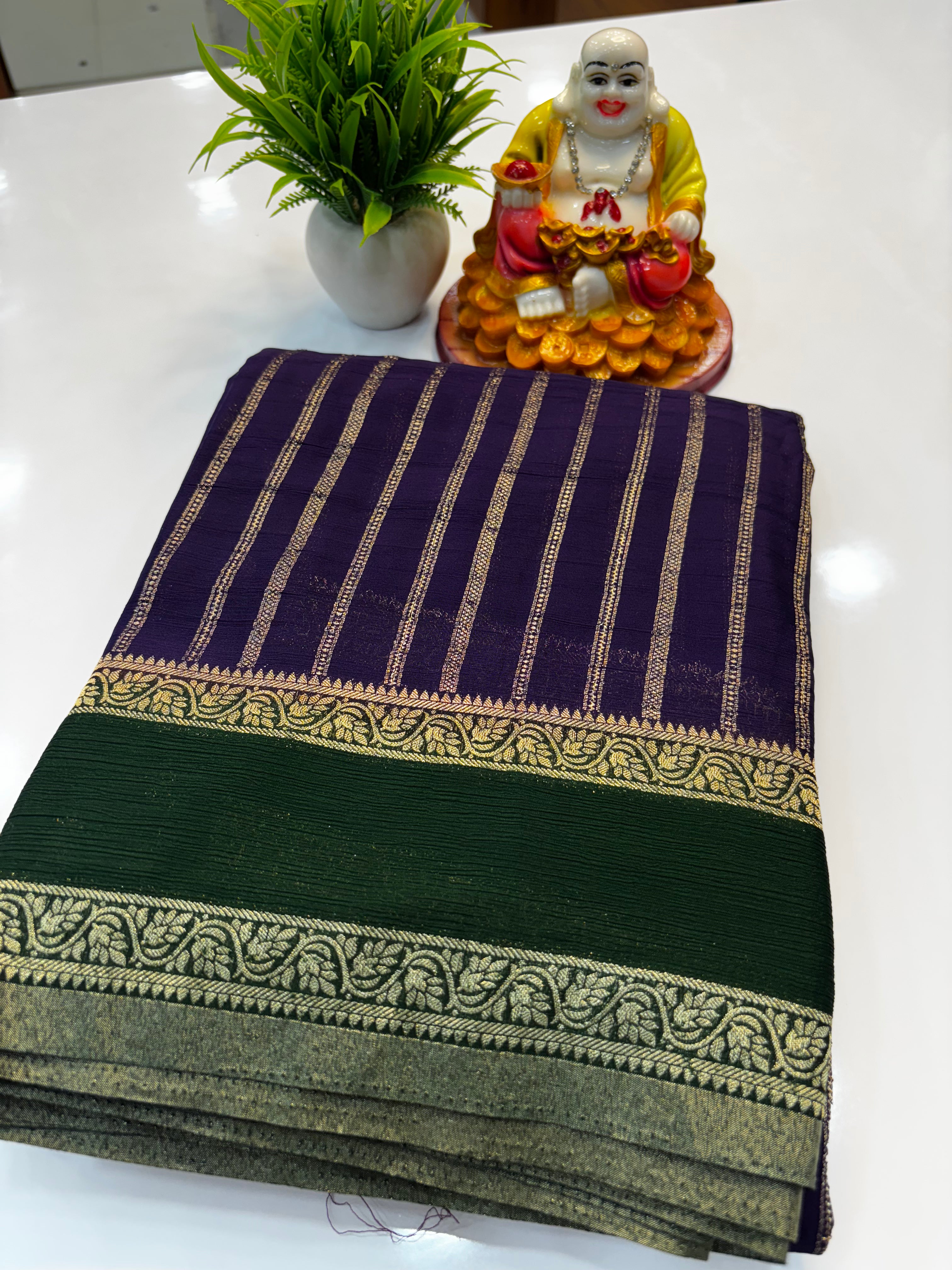 Premium Wrinkle Crepe Silk Saree with Stripes &amp; Butta Blouse | Padmavathi Silks and Sarees