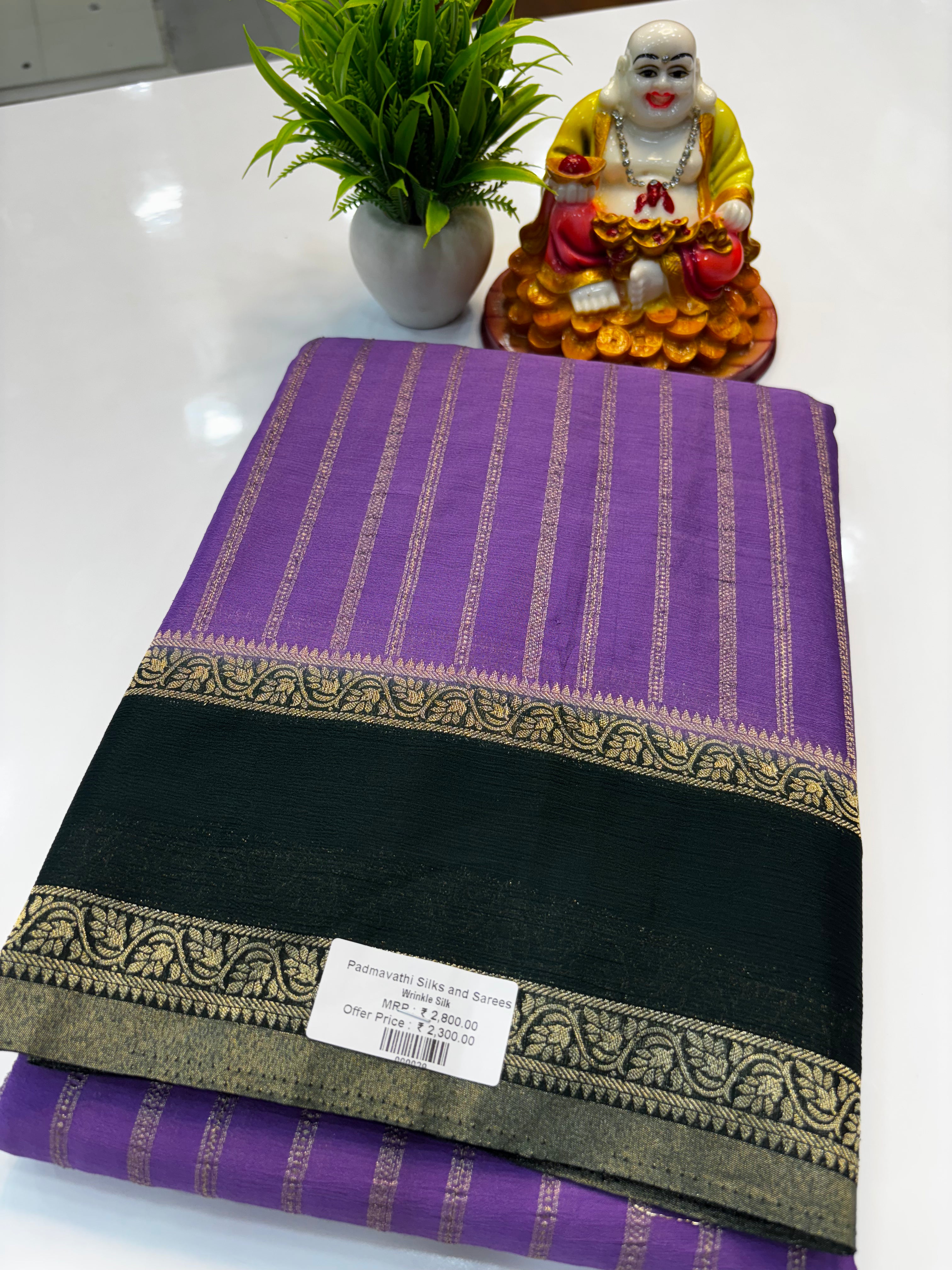 Premium Wrinkle Crepe Silk Saree with Stripes &amp; Butta Blouse | Padmavathi Silks and Sarees