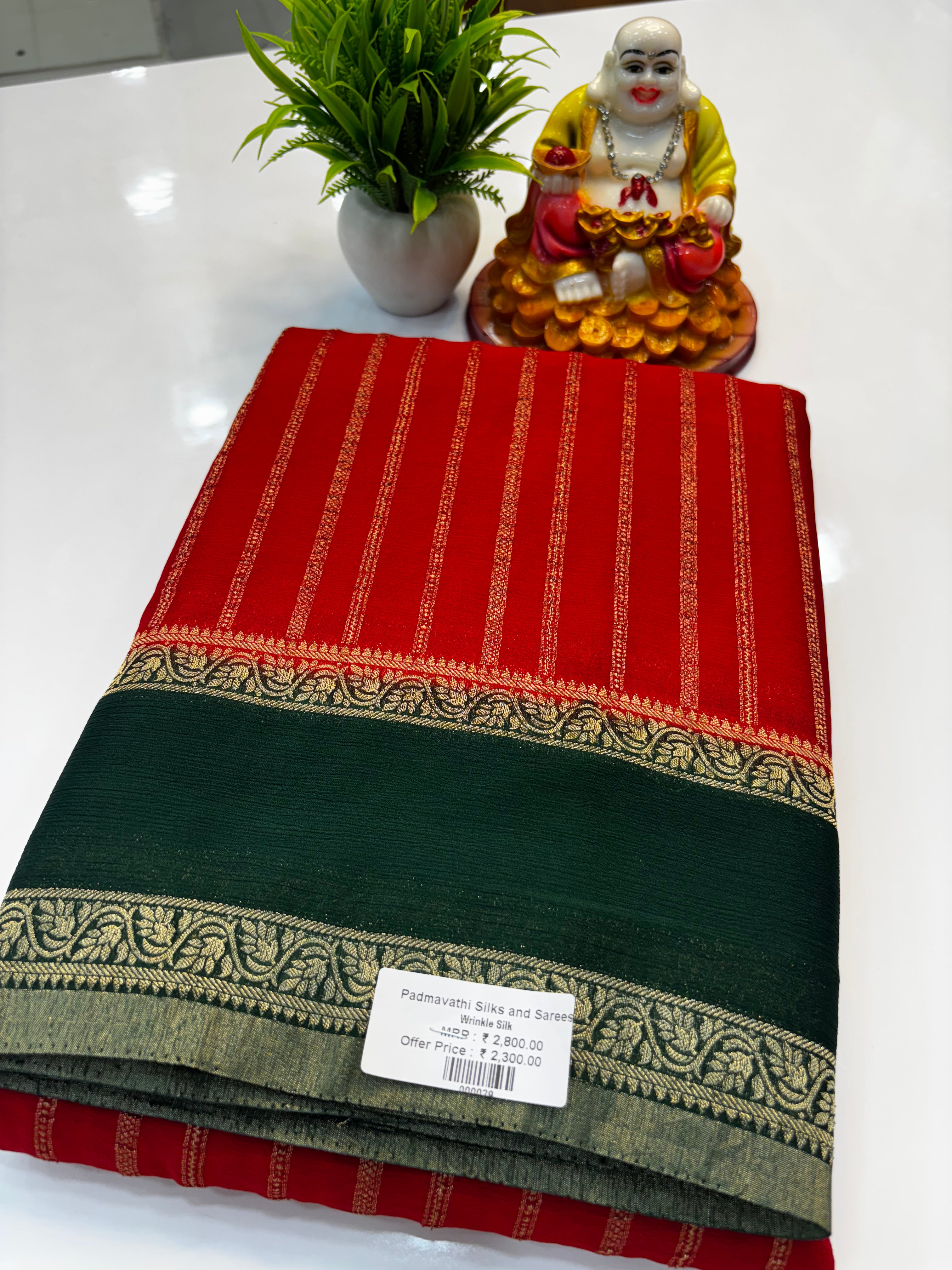 Premium Wrinkle Crepe Silk Saree with Stripes &amp; Butta Blouse | Padmavathi Silks and Sarees