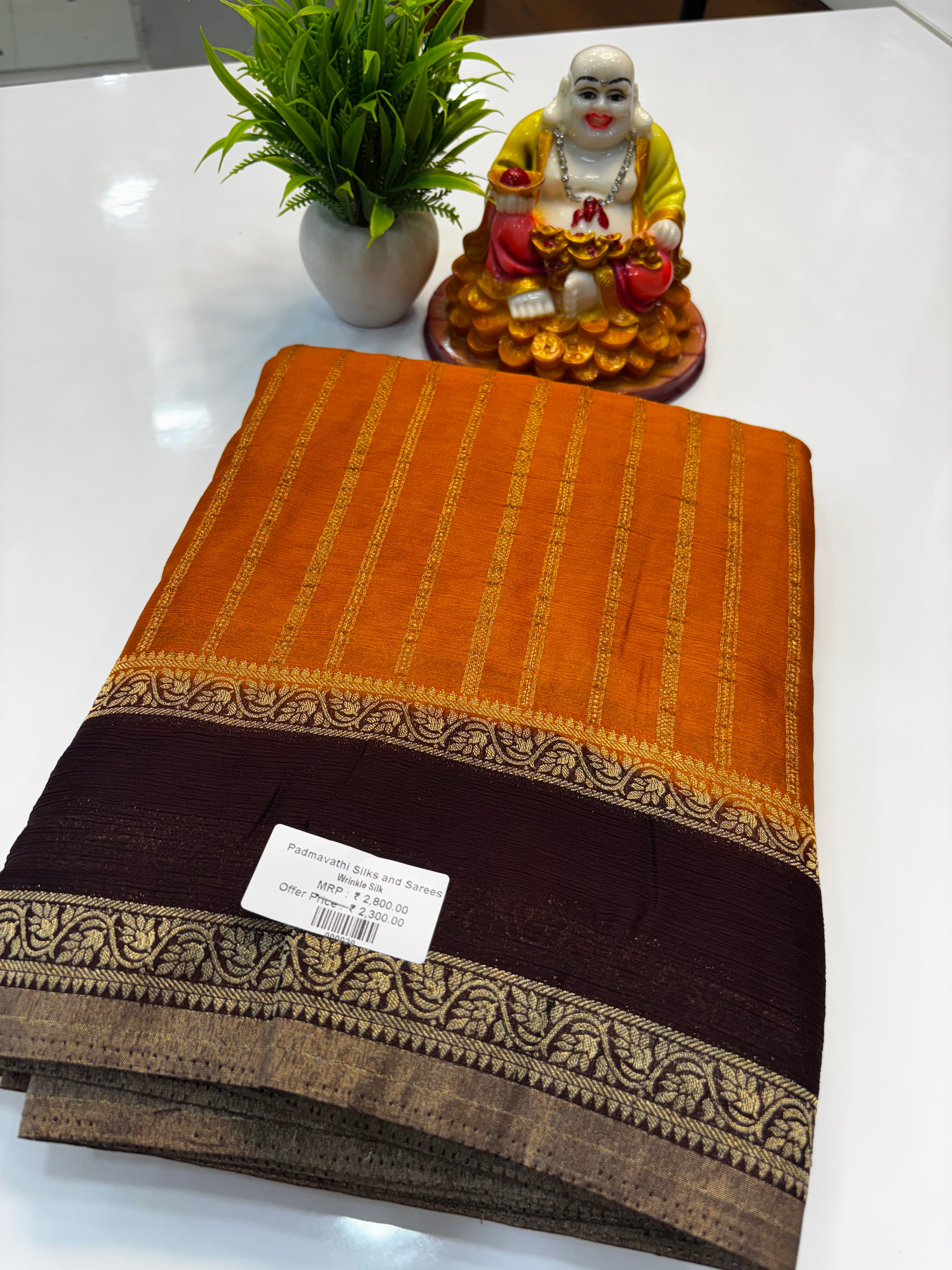 Premium Wrinkle Crepe Silk Saree with Stripes &amp; Butta Blouse | Padmavathi Silks and Sarees
