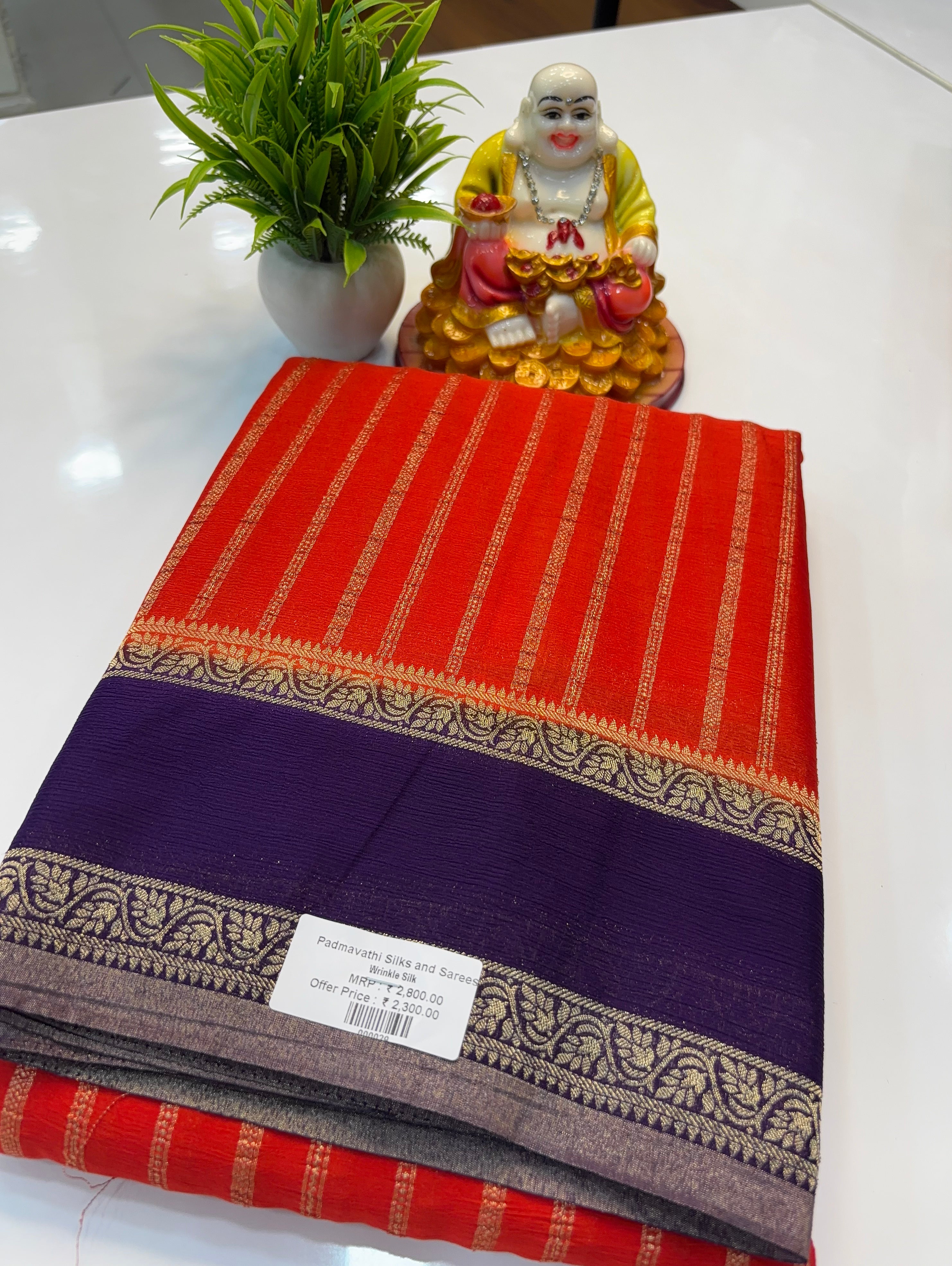 Premium Wrinkle Crepe Silk Saree with Stripes &amp; Butta Blouse | Padmavathi Silks and Sarees