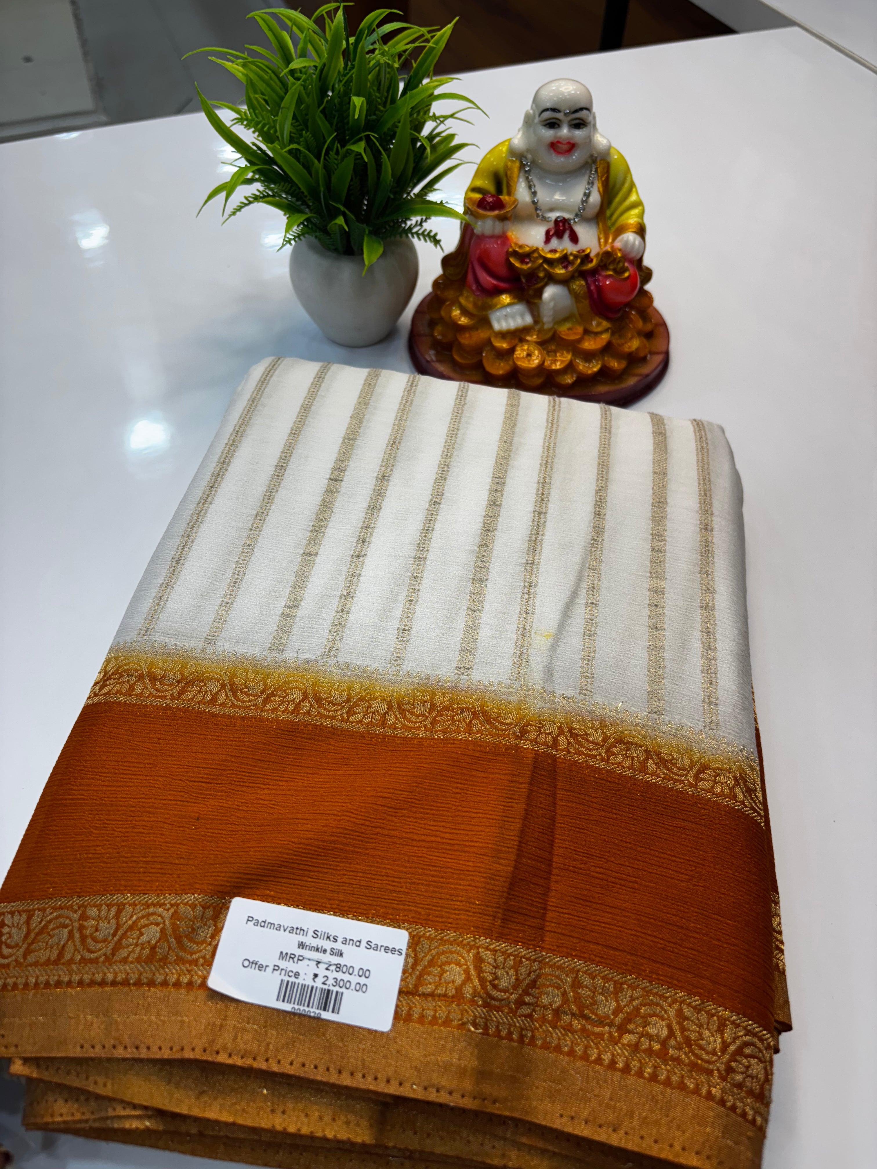 Premium Wrinkle Crepe Silk Saree with Stripes &amp; Butta Blouse | Padmavathi Silks and Sarees