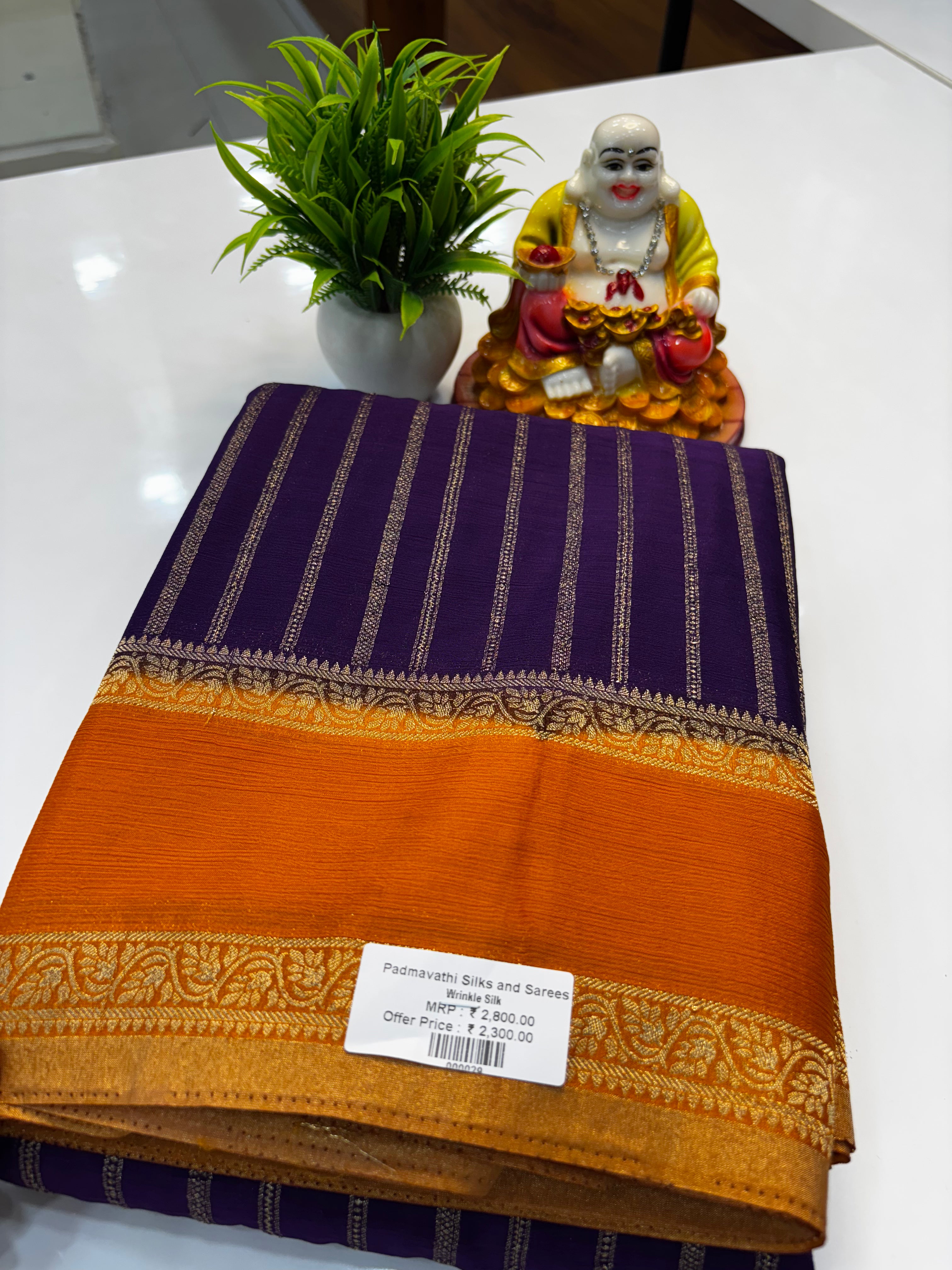 Premium Wrinkle Crepe Silk Saree with Stripes &amp; Butta Blouse | Padmavathi Silks and Sarees