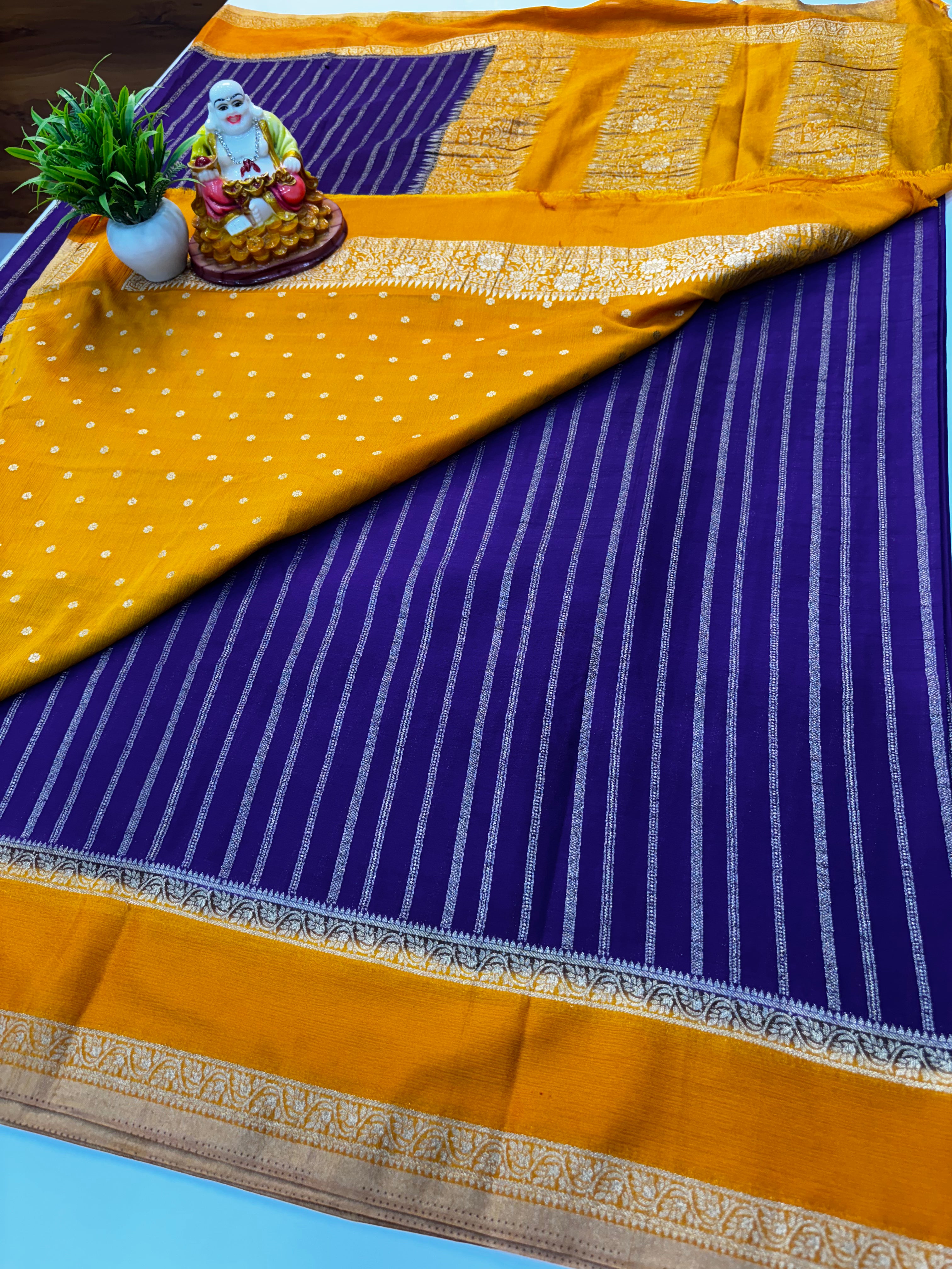 Premium Wrinkle Crepe Silk Saree with Stripes &amp; Butta Blouse | Padmavathi Silks and Sarees