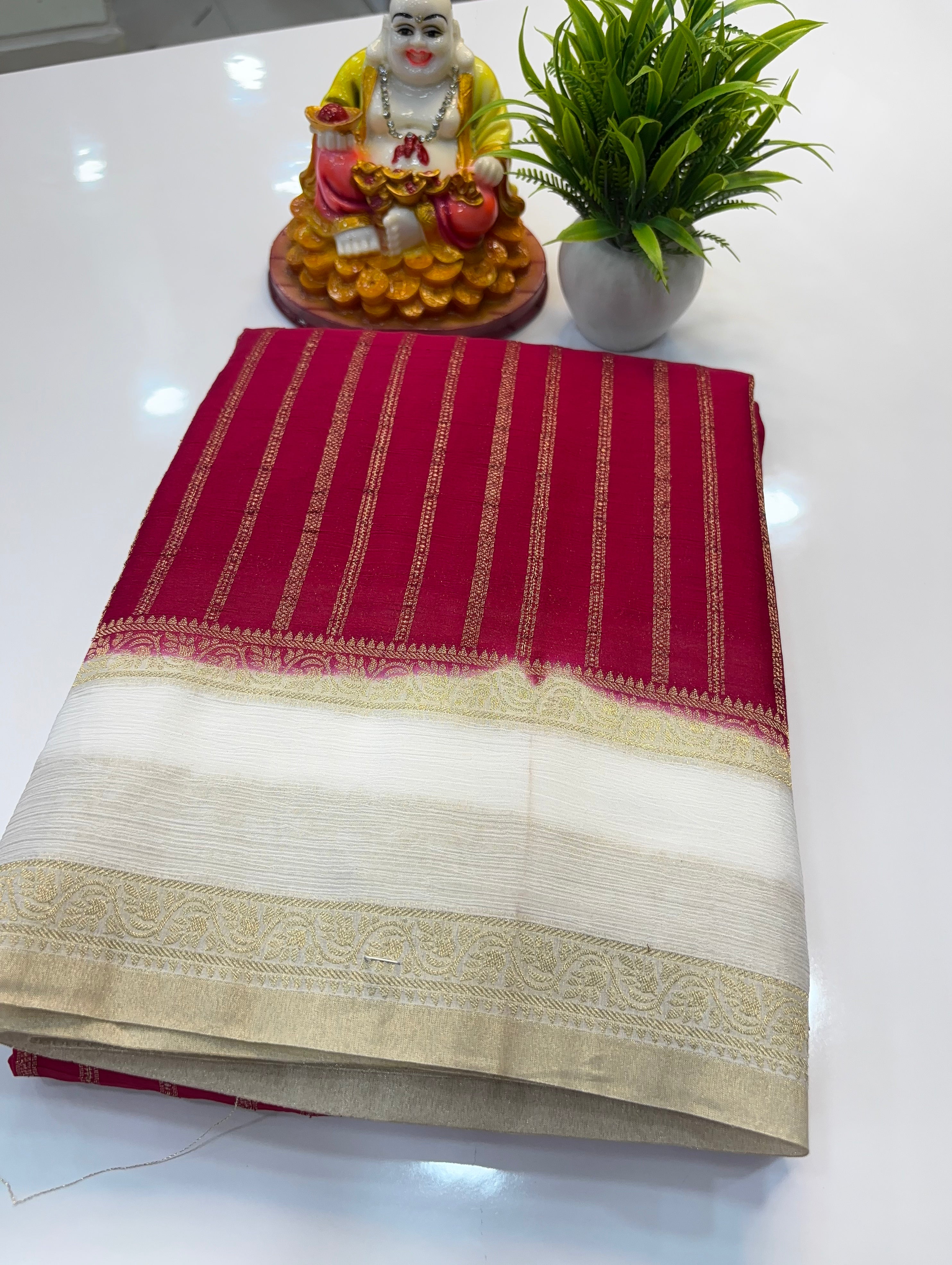 Premium Wrinkle Crepe Silk Saree with Stripes &amp; Butta Blouse | Padmavathi Silks and Sarees