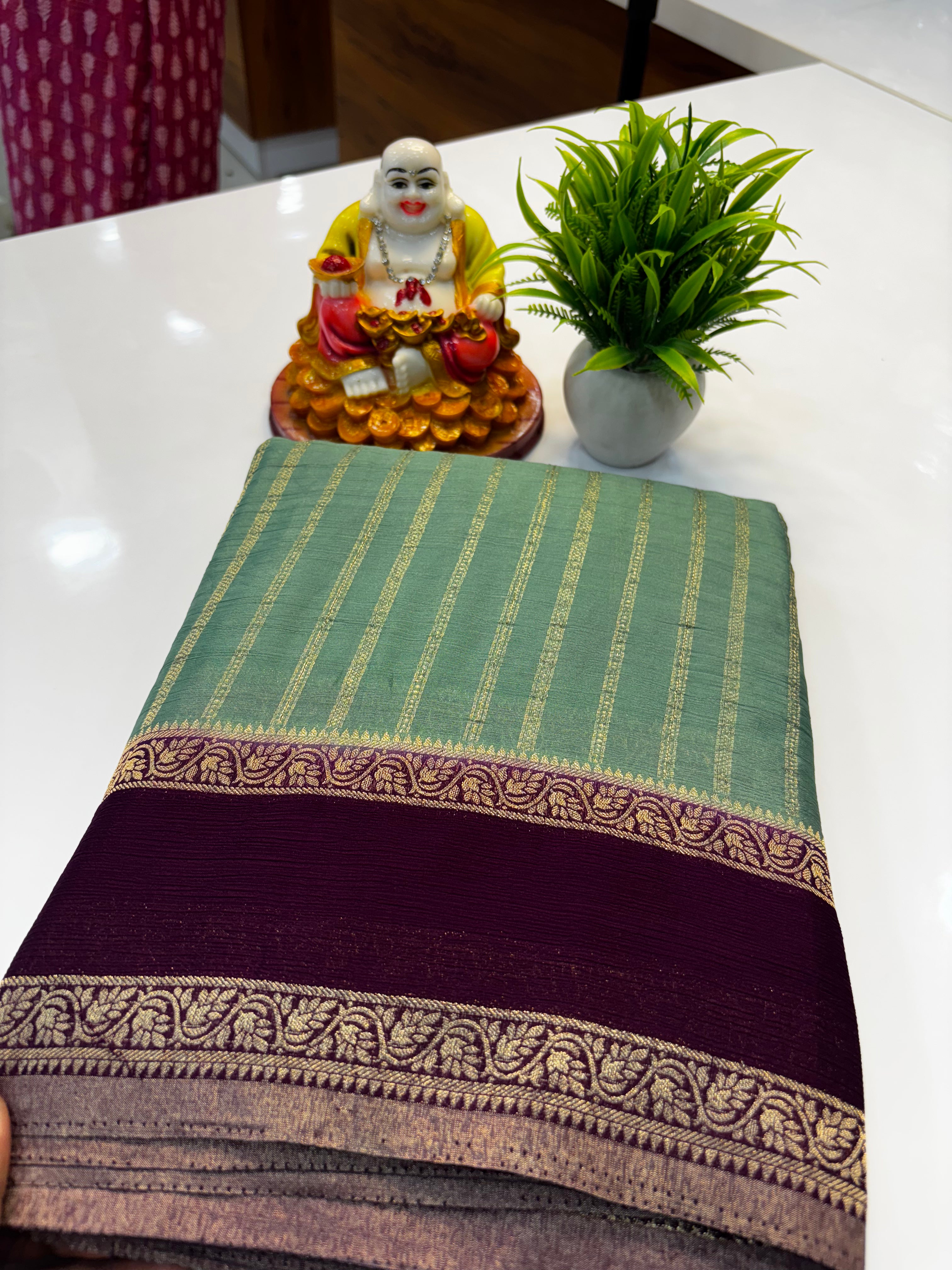 Premium Wrinkle Crepe Silk Saree with Stripes &amp; Butta Blouse | Padmavathi Silks and Sarees