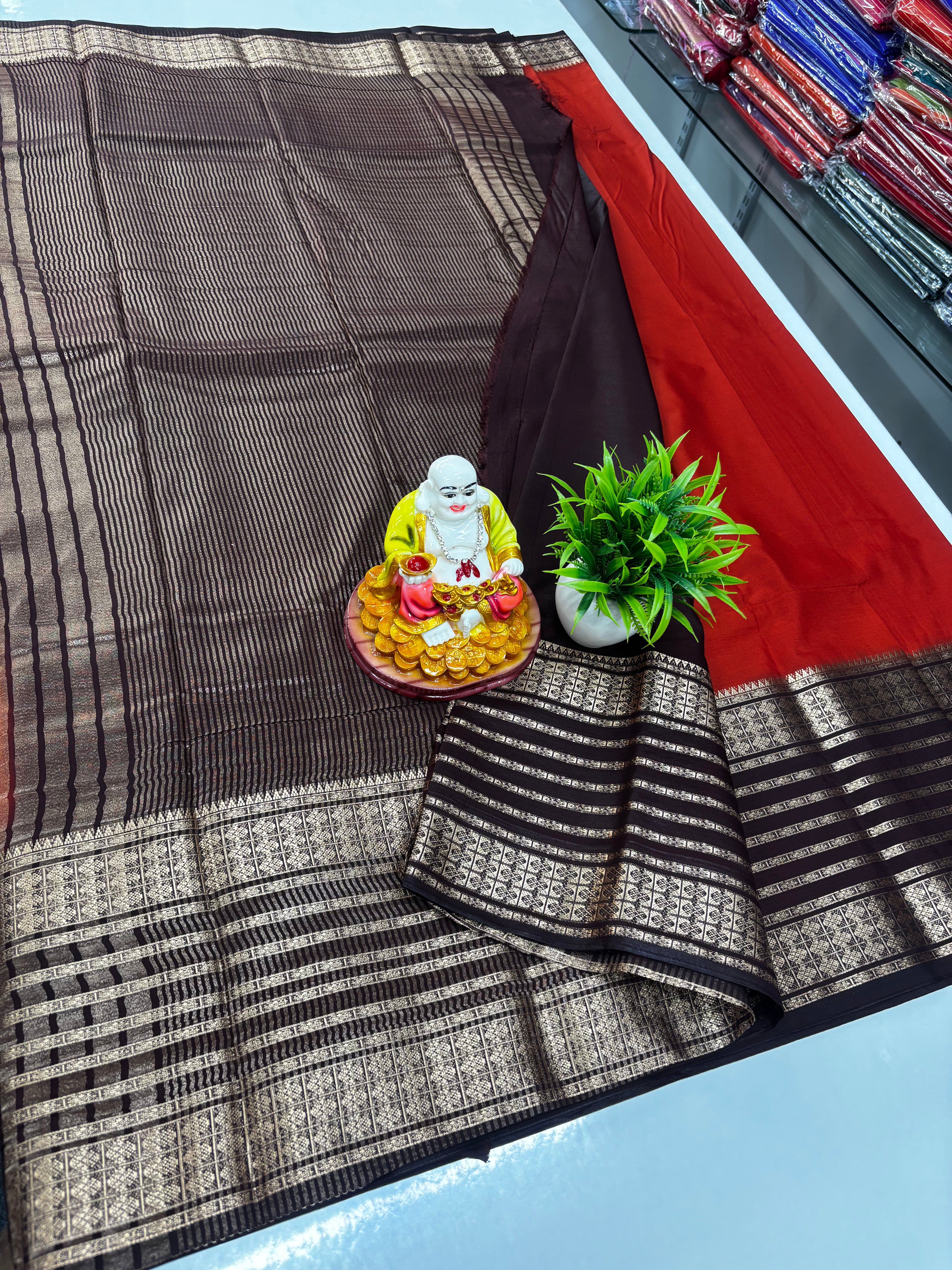 Mysore Crepe Silk Saree in Rust Orange & Brown | Padmavathi Silks and Sarees