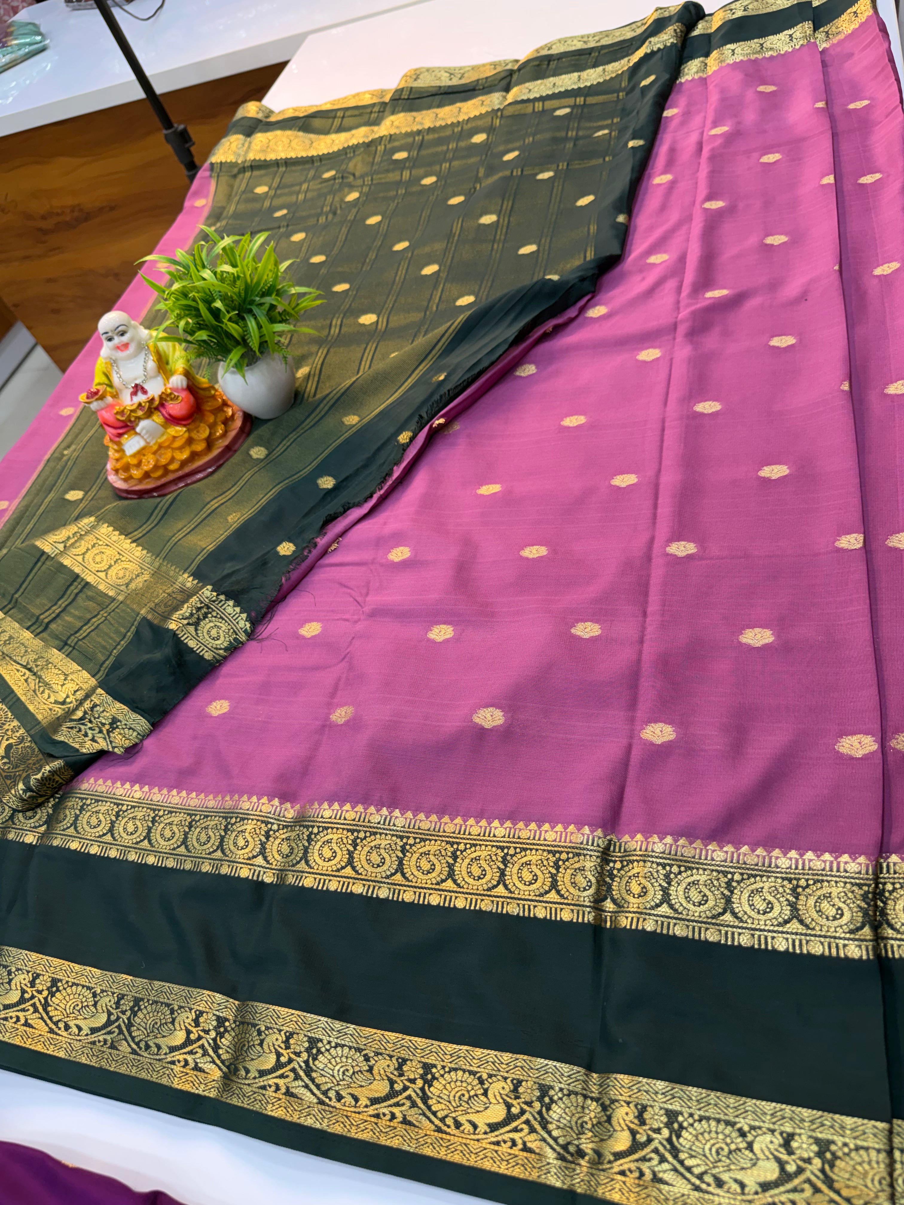 Mysore Crepe Silk Saree with Buttas & Peacock-Mango Bentex Border…
