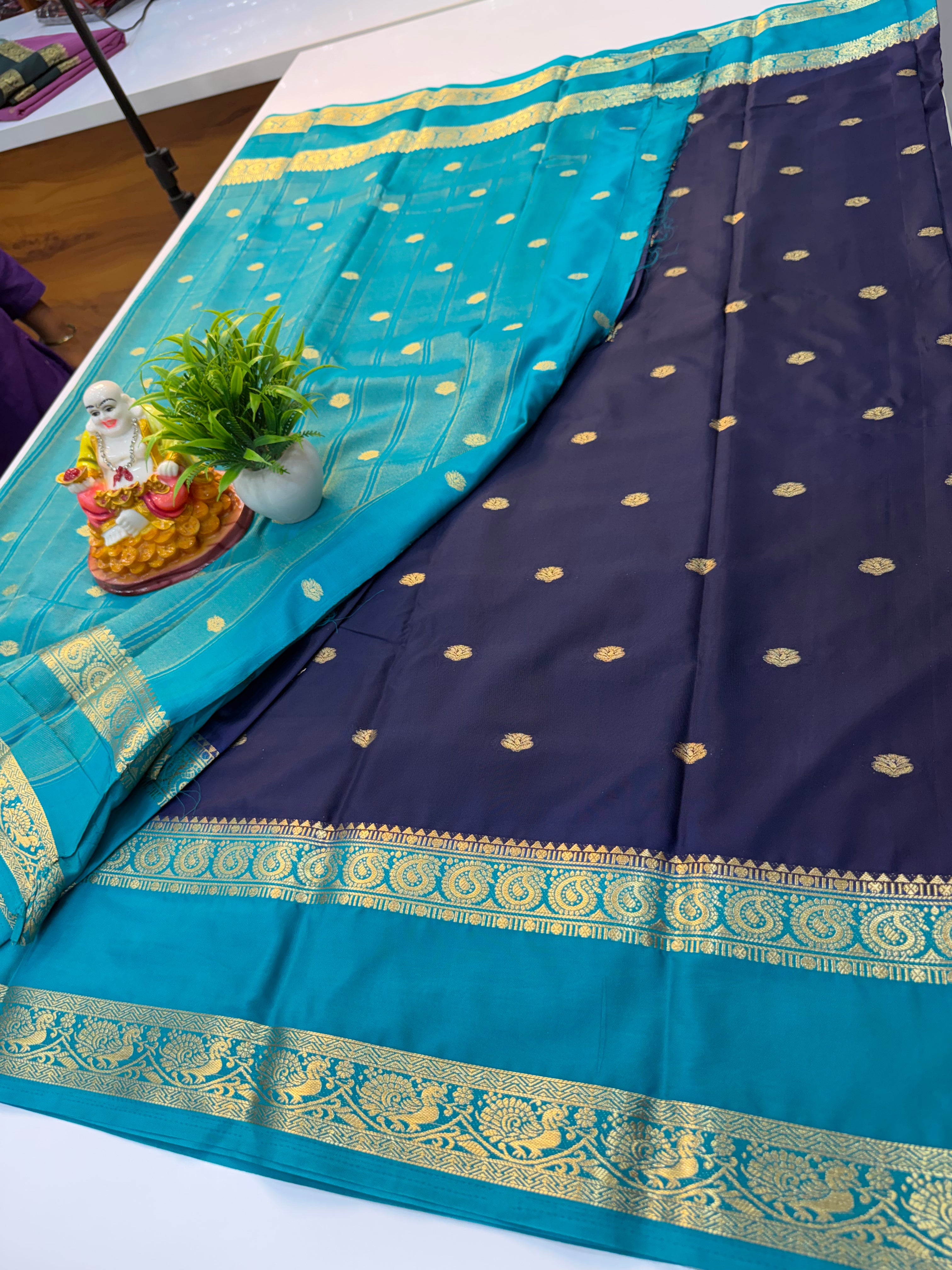 Mysore Crepe Silk Saree with Buttas & Peacock-Mango Bentex Border…