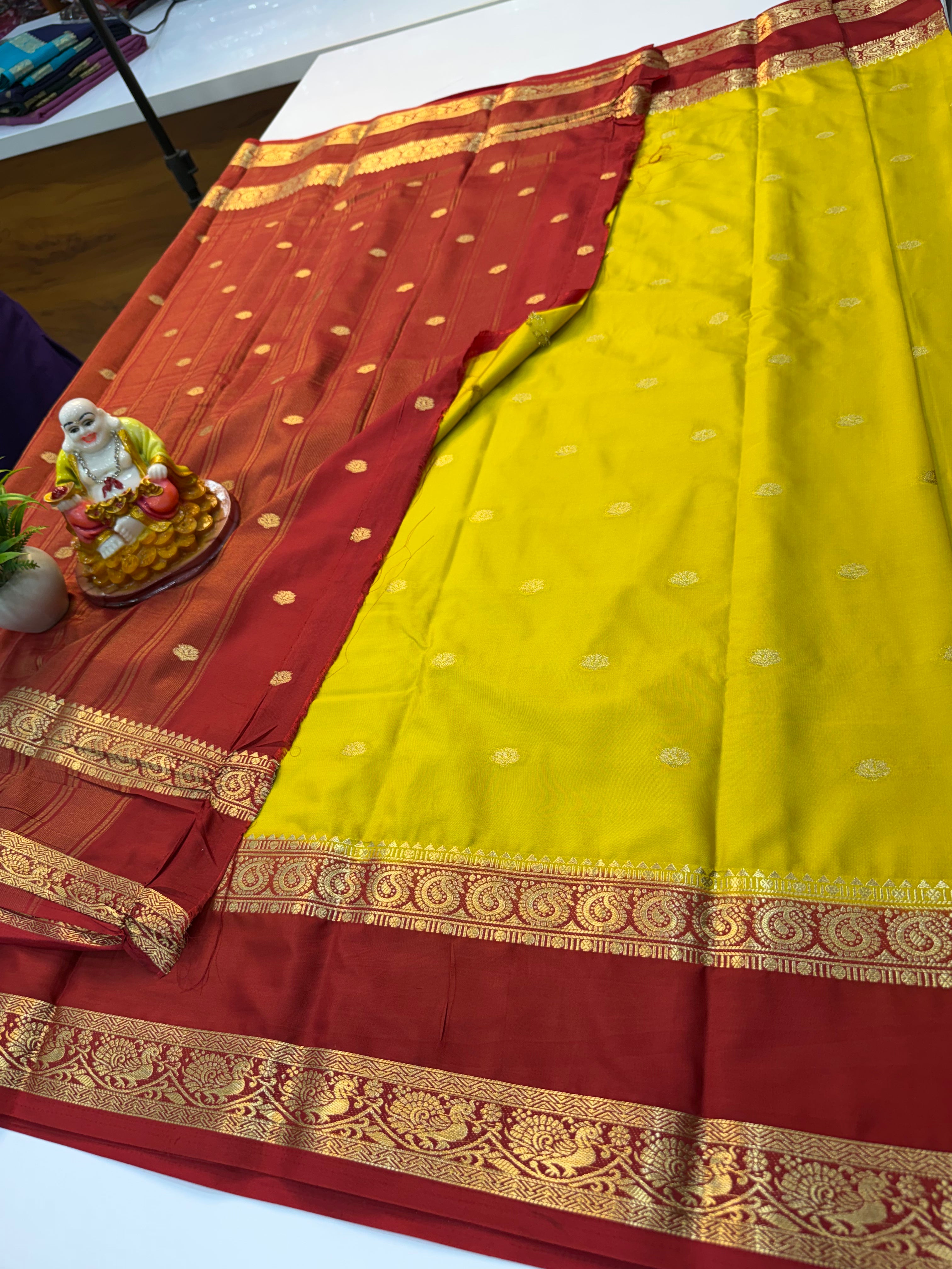 Mysore Crepe Silk Saree with Buttas & Peacock-Mango Bentex Border…