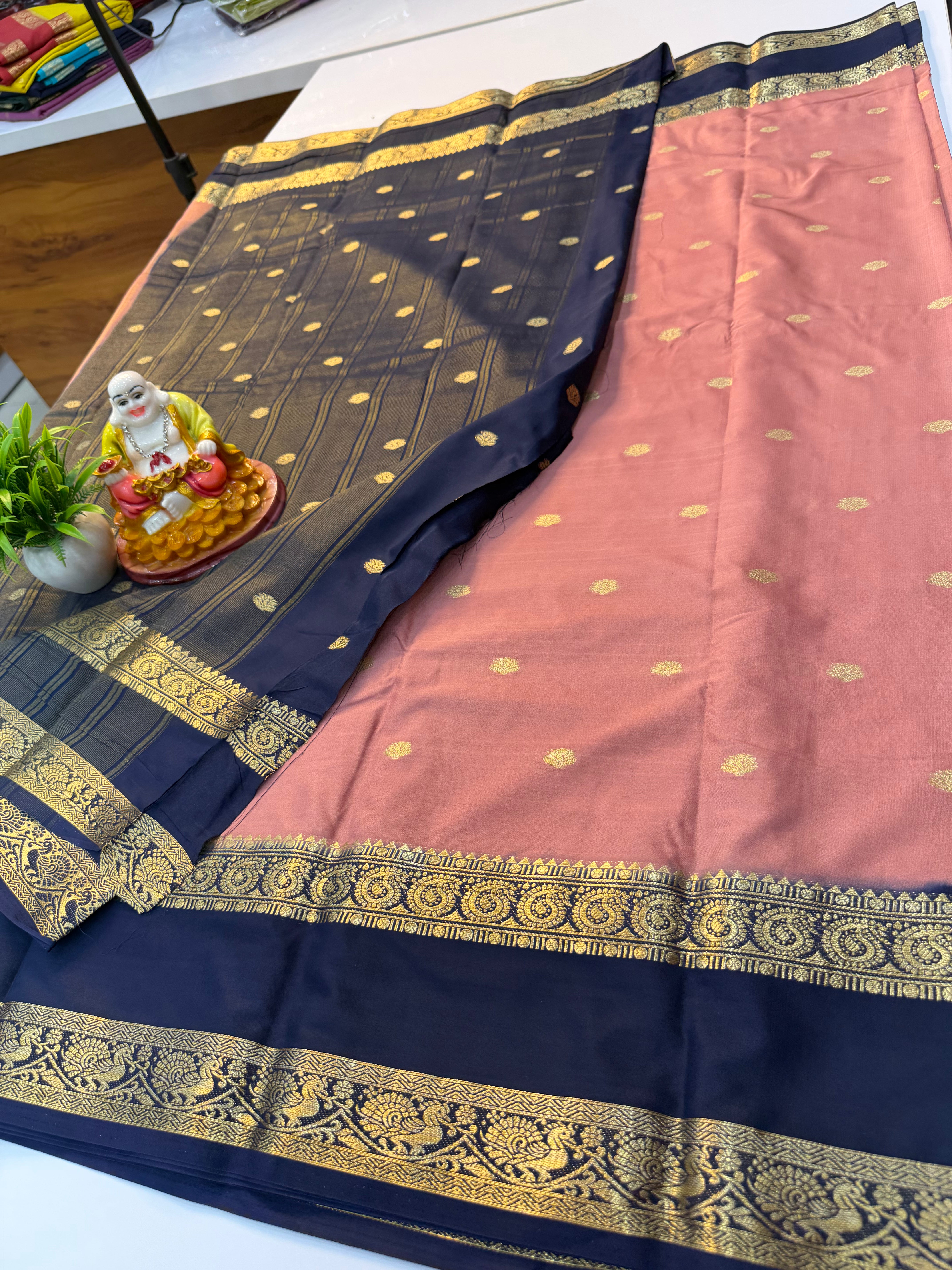 Mysore Crepe Silk Saree with Buttas & Peacock-Mango Bentex Border…