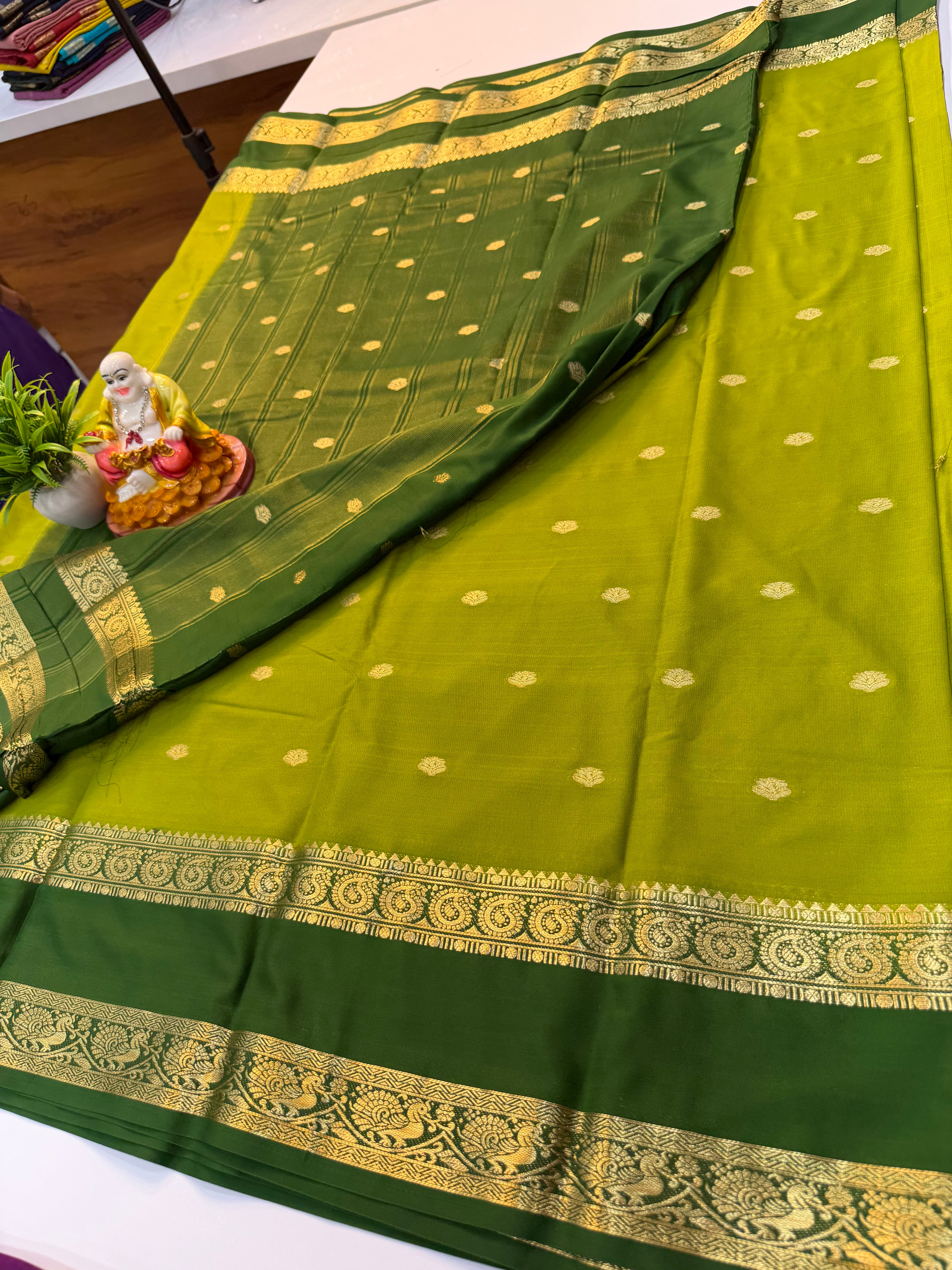 Mysore Crepe Silk Saree with Buttas & Peacock-Mango Bentex Border…