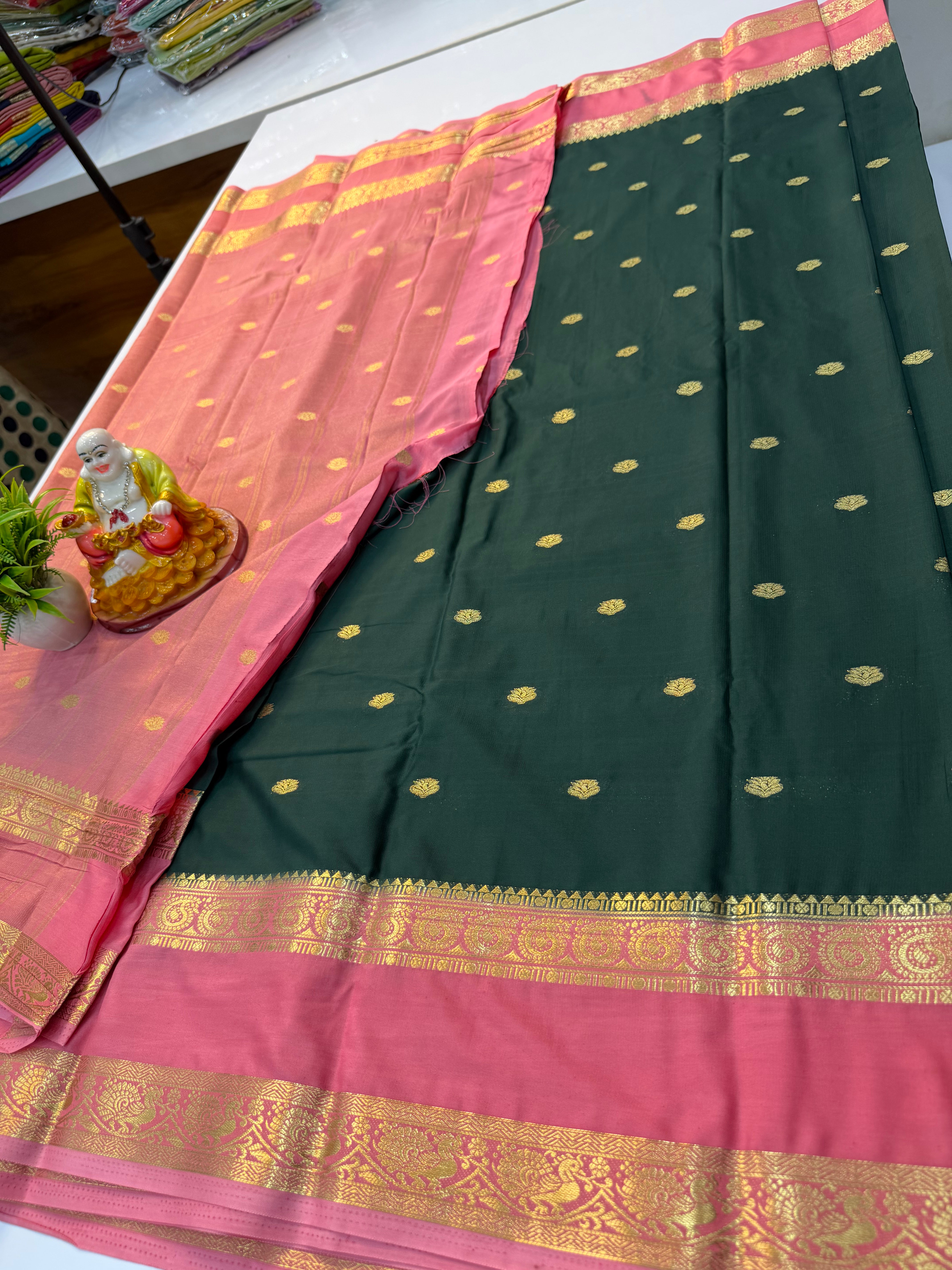 Mysore Crepe Silk Saree with Buttas & Peacock-Mango Bentex Border…