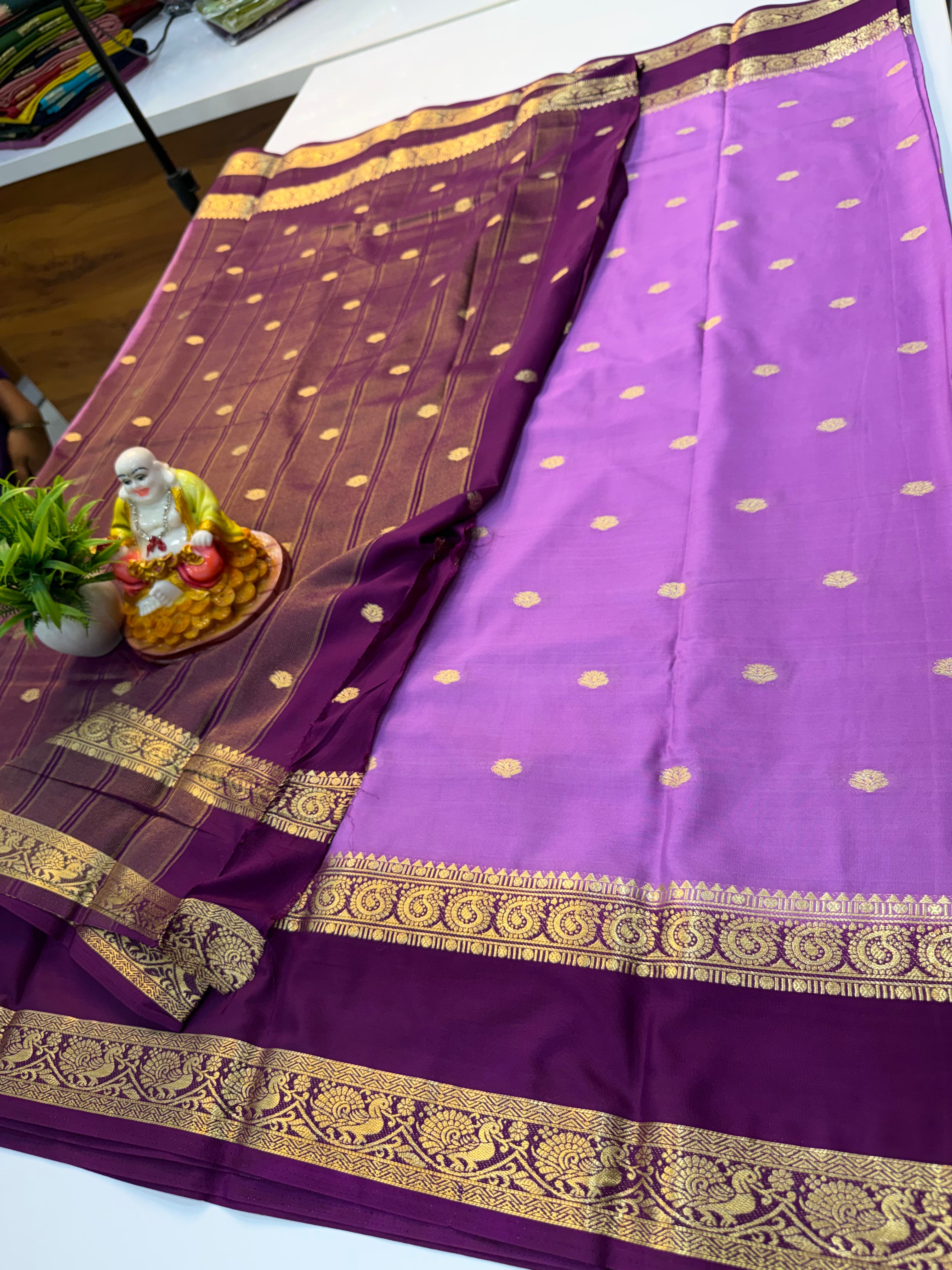 Mysore Crepe Silk Saree with Buttas & Peacock-Mango Bentex Border…