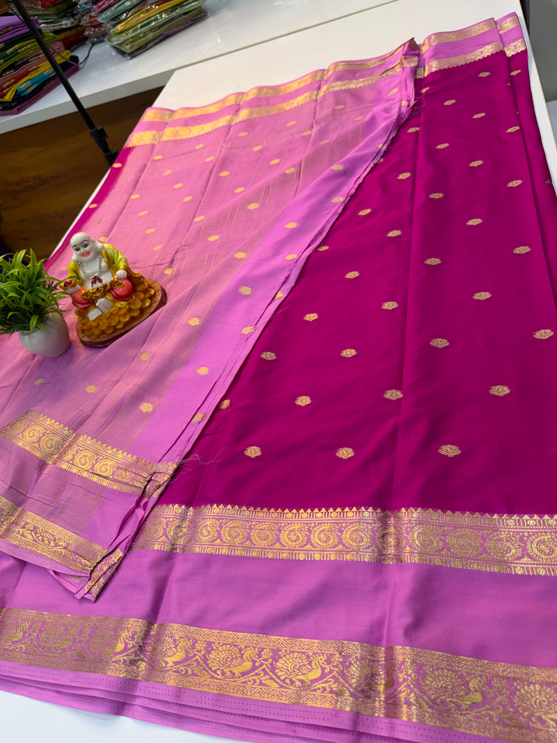 Mysore Crepe Silk Saree with Buttas & Peacock-Mango Bentex Border…
