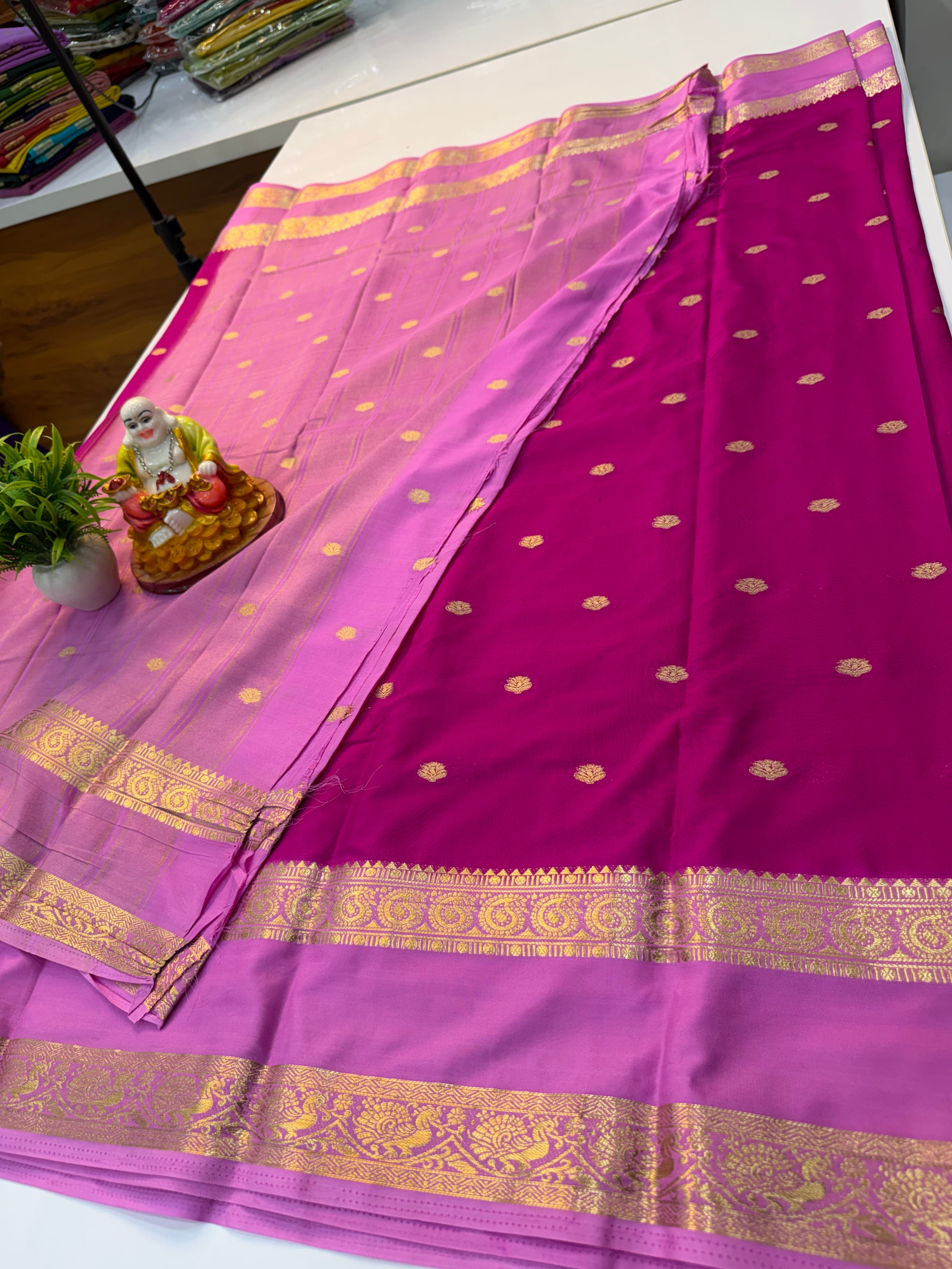 Mysore Crepe Silk Saree with Buttas & Peacock-Mango Bentex Border…