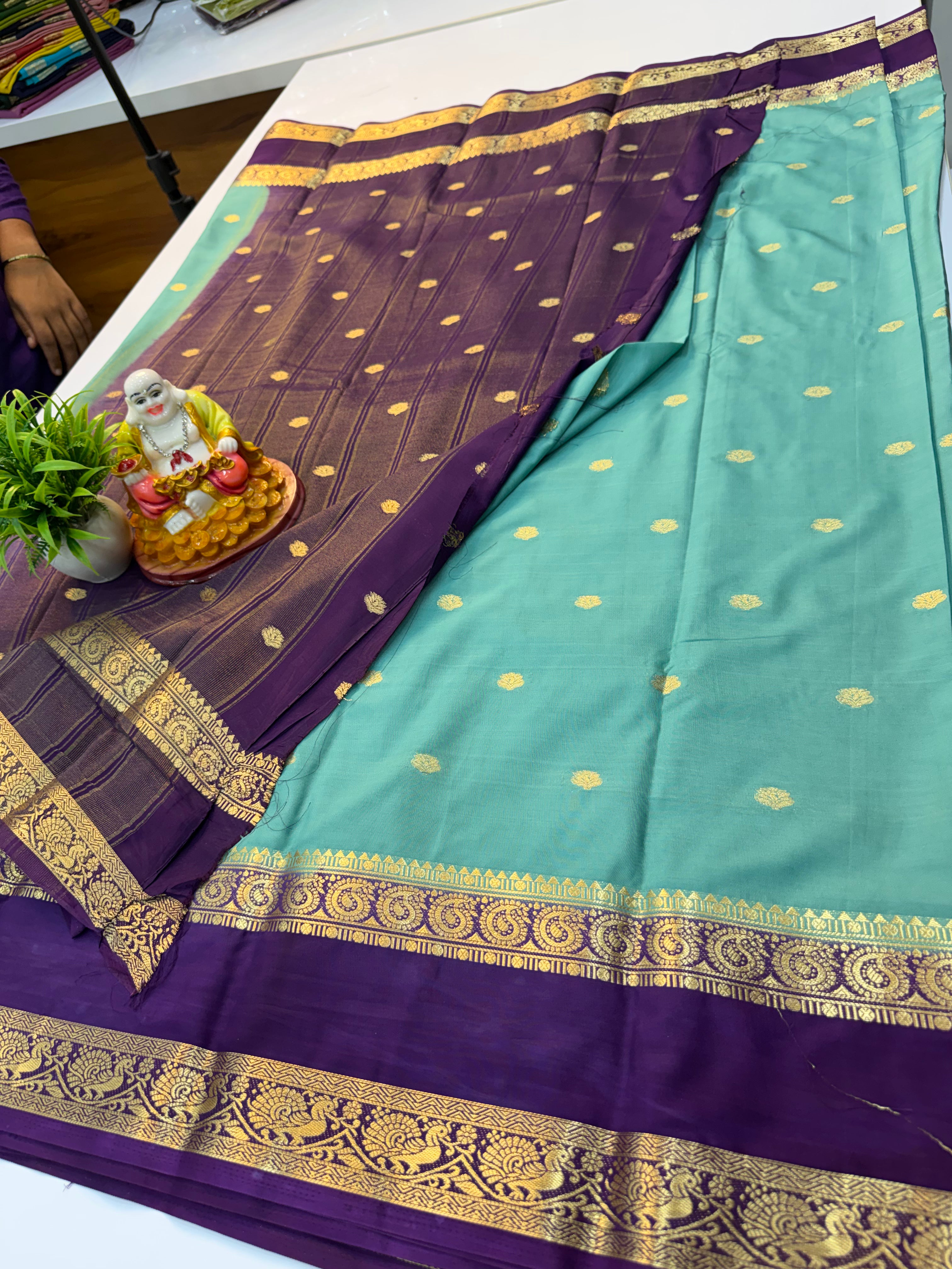 Mysore Crepe Silk Saree with Buttas & Peacock-Mango Bentex Border…