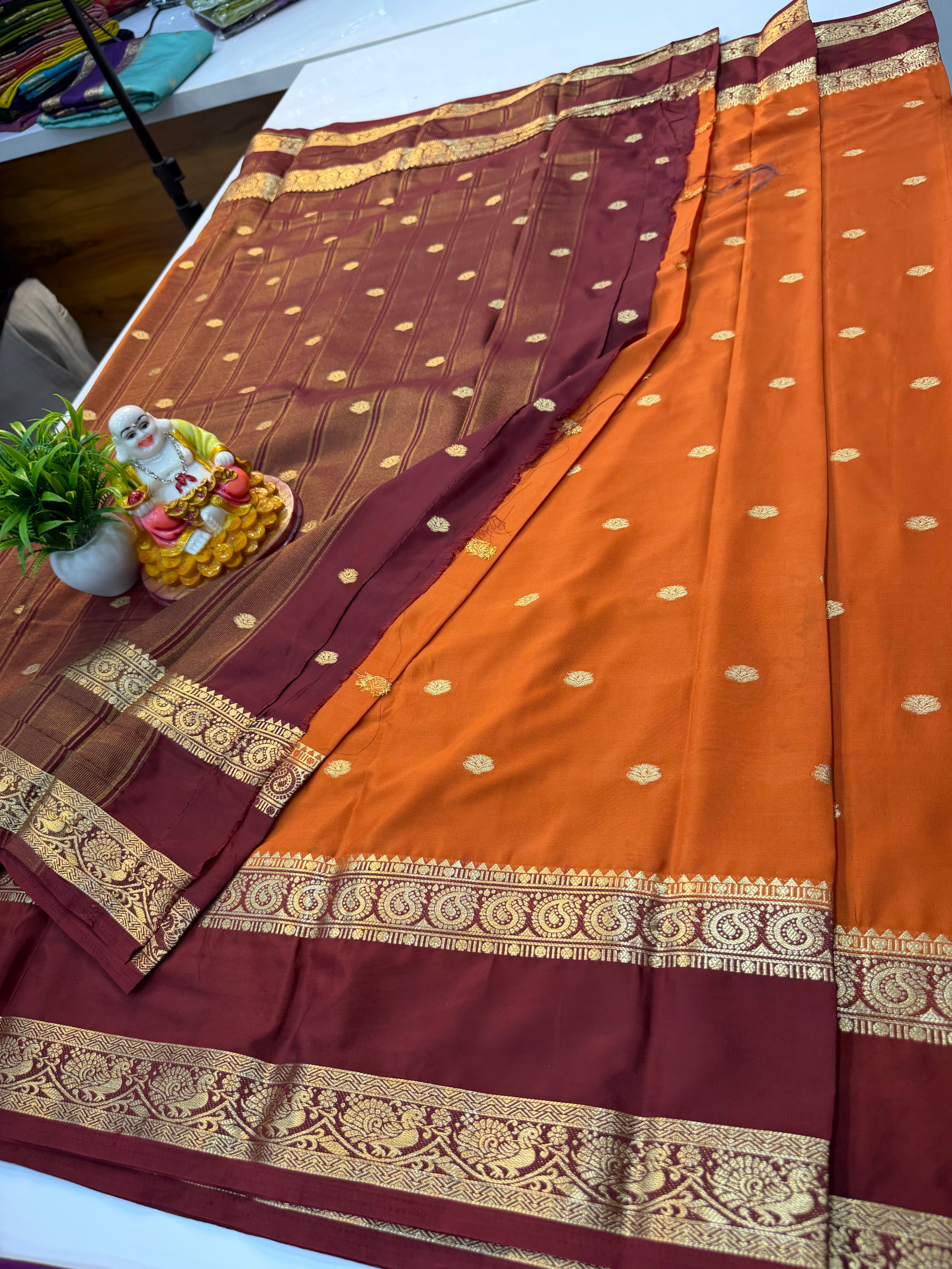 Mysore Crepe Silk Saree with Buttas & Peacock-Mango Bentex Border…