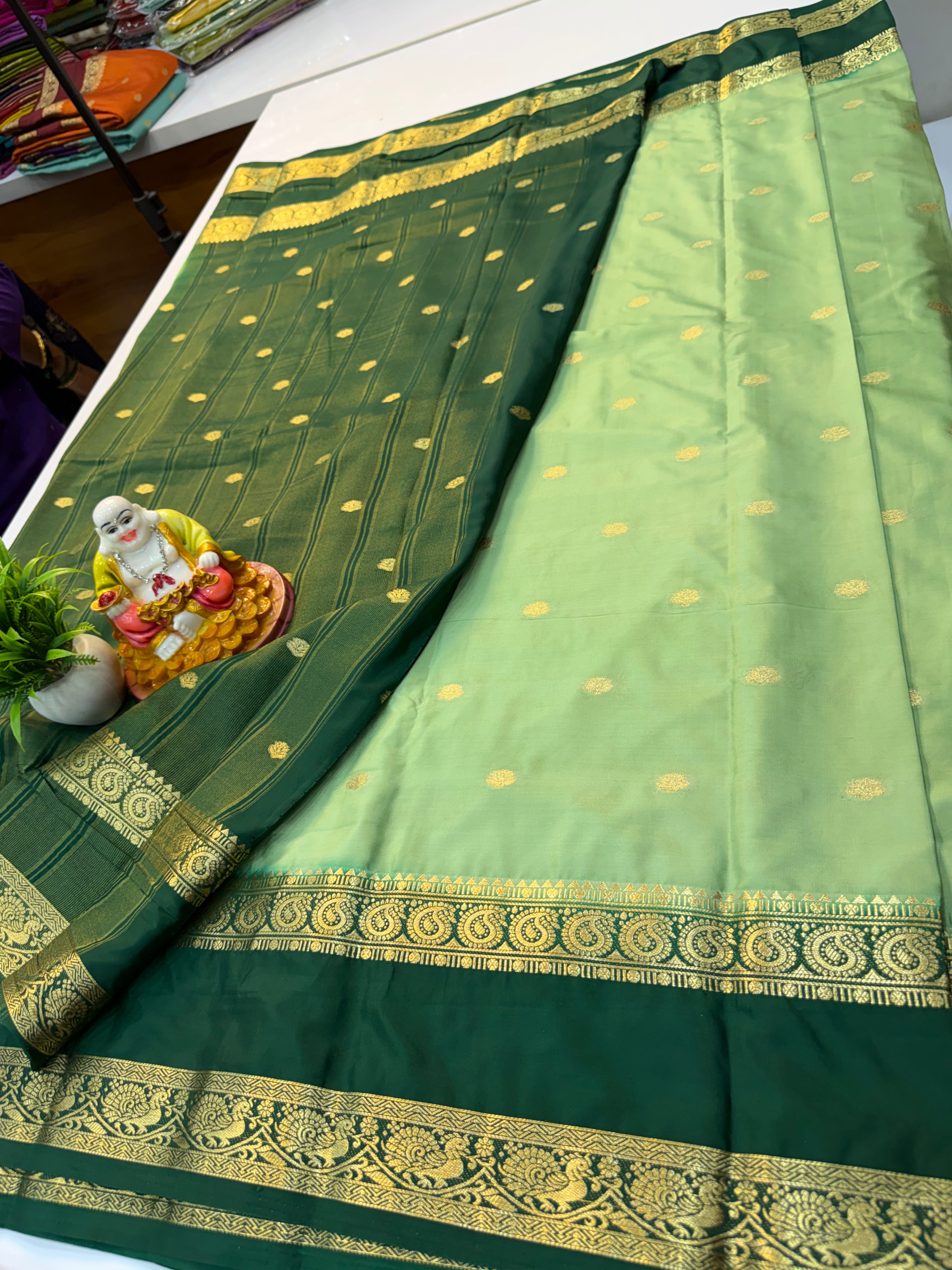 Mysore Crepe Silk Saree with Buttas & Peacock-Mango Bentex Border…