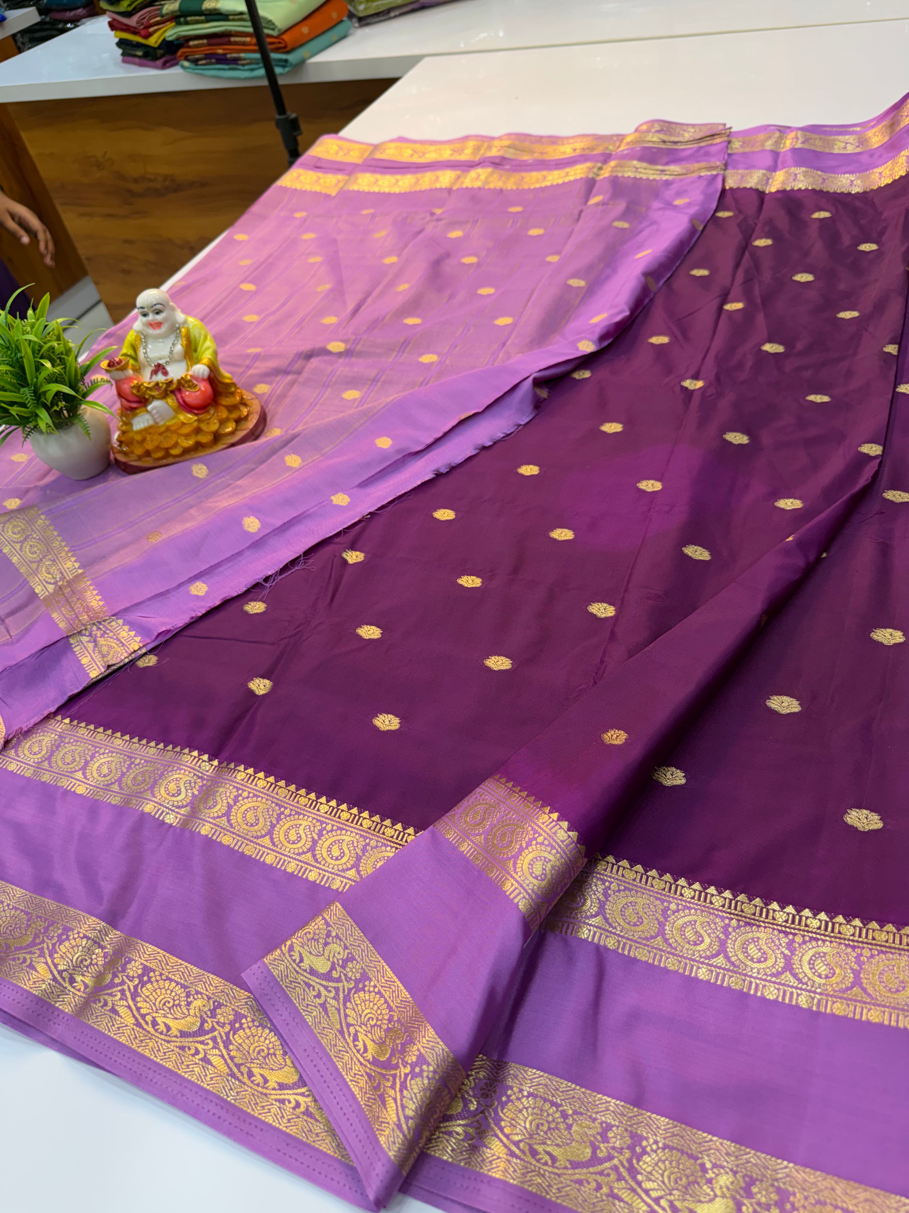 Mysore Crepe Silk Saree with Buttas & Peacock-Mango Bentex Border…